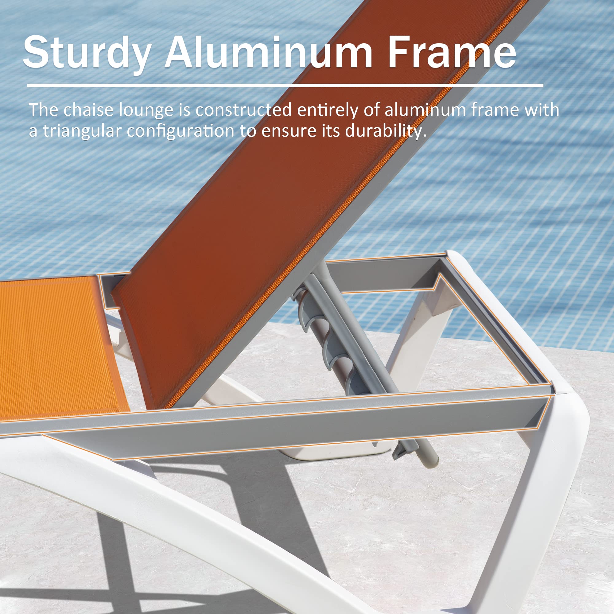 Domi 3-Piece Outdoor Lounge Chair Set with Adjustable Backrest - Aluminum Patio Chaise Lounges & Side Table for Beach, Poolside, Yard - Perfect for Relaxing in Sun, Garden, or Backyard (Orange)
