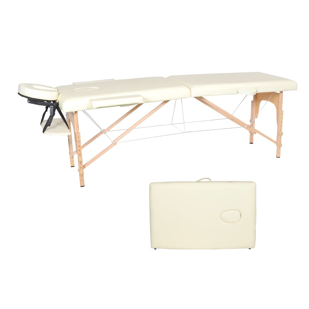 Portable Massage Table with Adjustable Wooden Legs - 84 Inch Foldable Massage Bed for Spa, Tattoo & Facial - Beige & Red Design - Perfect for Home, Salon & Professional Use