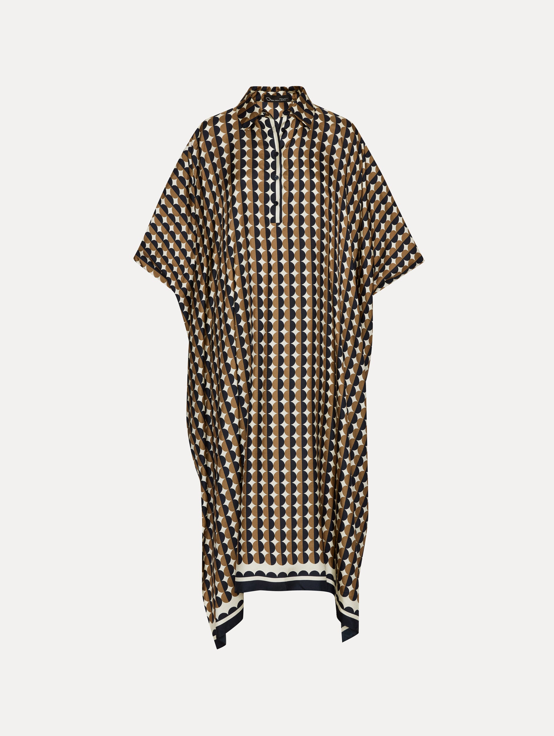 Elegant Geometric Circle Print Silk Twill Caftan Dress - Boho Chic Beach Cover Up, Resort Wear & Summer Evening Gown for Women