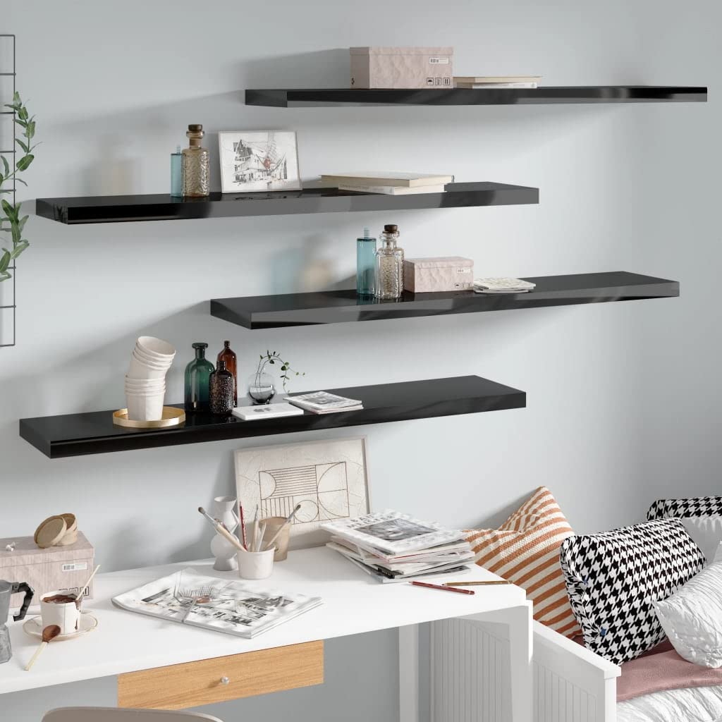 Floating Shelves Set of 4 - Modern Wall Mounted Shelves with Invisible Brackets for Bedroom, Bathroom, Living Room, Entryway & Hallway - Black High Gloss Finish (47.2