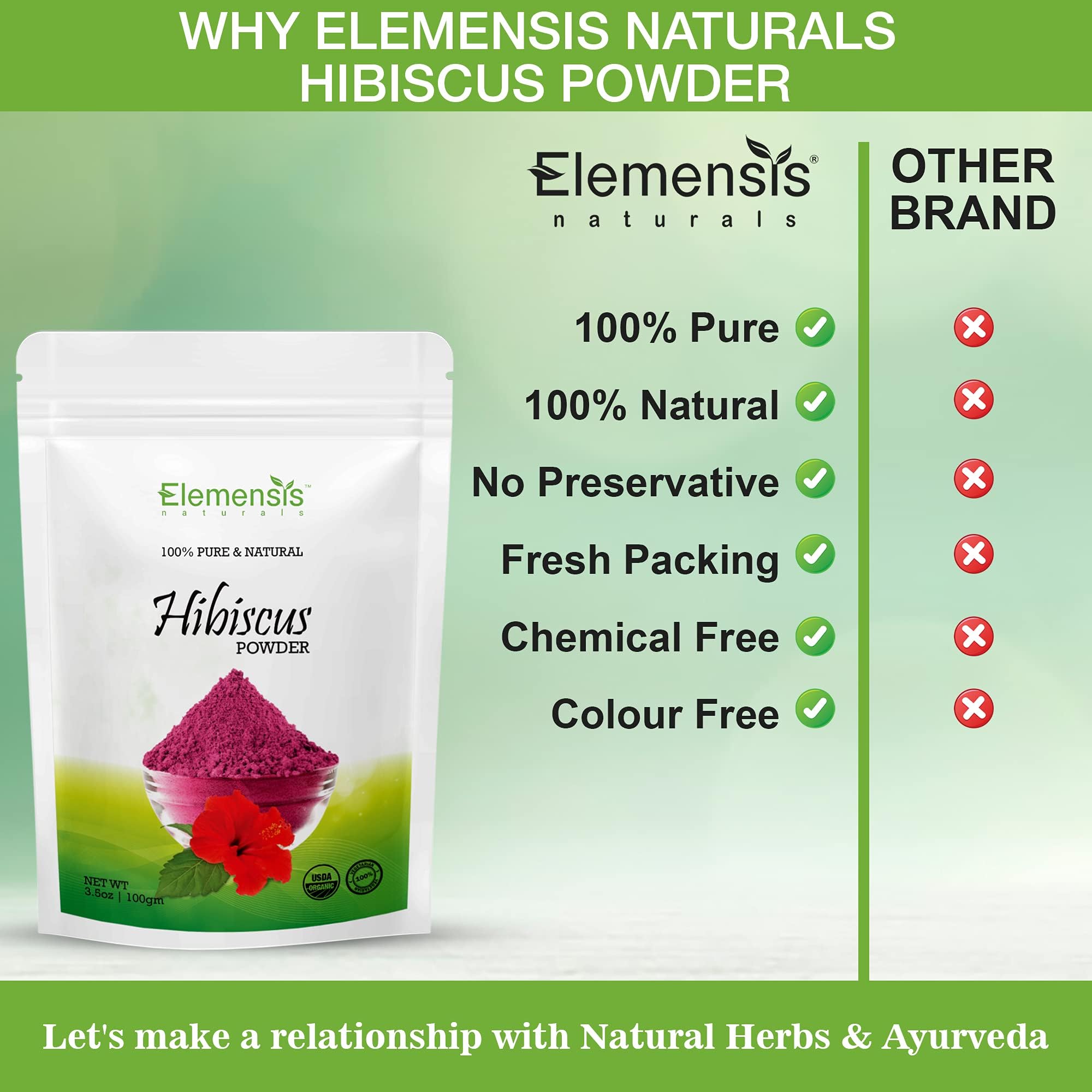 Elemensis Naturals Pure Organic Hibiscus Powder for Hair & Skin Care - 100g | Natural Hair Mask, Face Mask & Scalp Treatment for Healthy Growth & Glow | DIY Beauty & Wellness at Home
