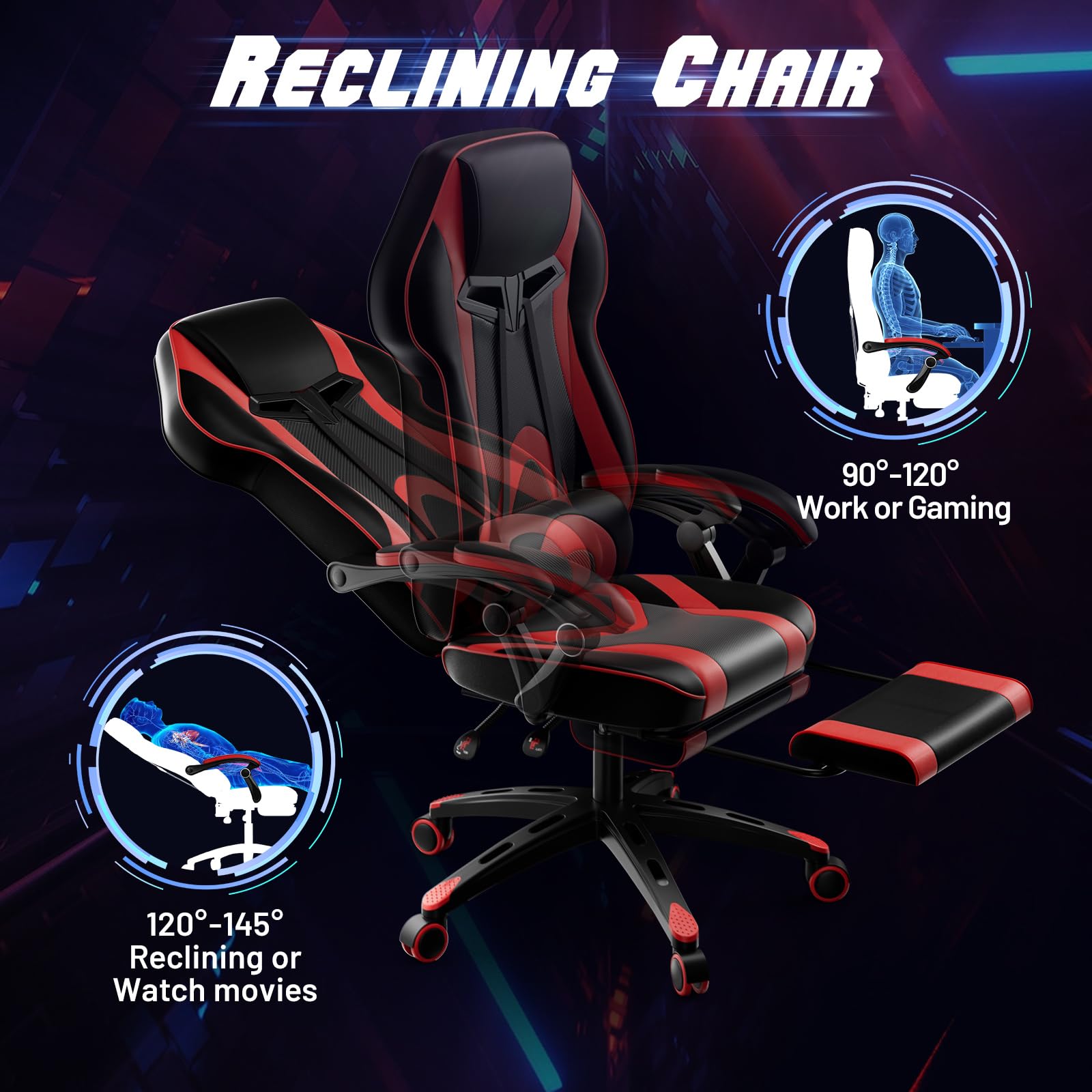 POWERSTONE Ergonomic Gaming Chair with Footrest - High Back Racing Style Office Computer Chair, Adjustable Reclining Swivel Gamer Chair for Adults & Teens (Red) - Perfect for Esports, Streaming & Home Office Workspace