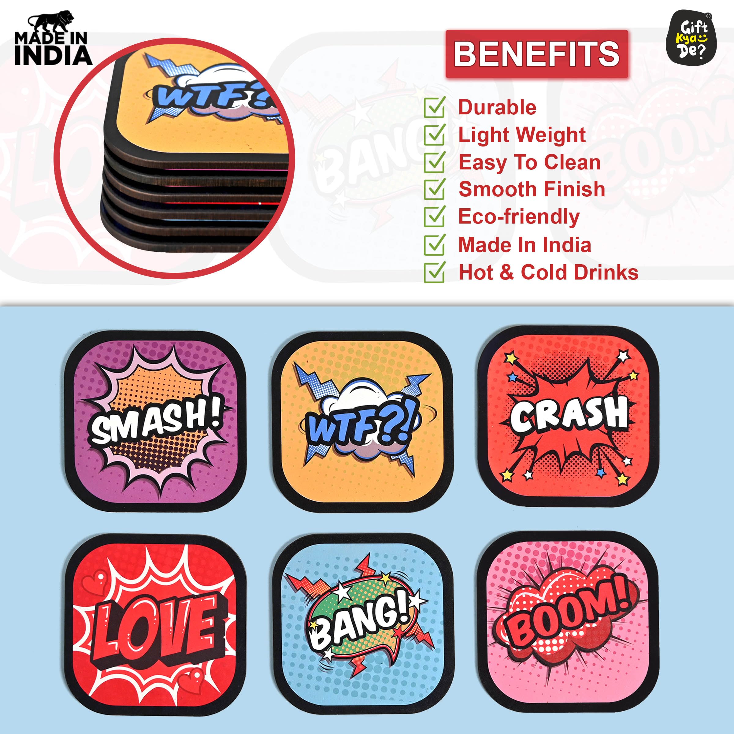 GKD Set of 6 Funky Wooden Coasters for Coffee, Tea & Drinks - 3.8x3.8 Inch Eco-Friendly Absorbent Coasters with Unique Designs - Perfect for Home, Office & Restaurant Use