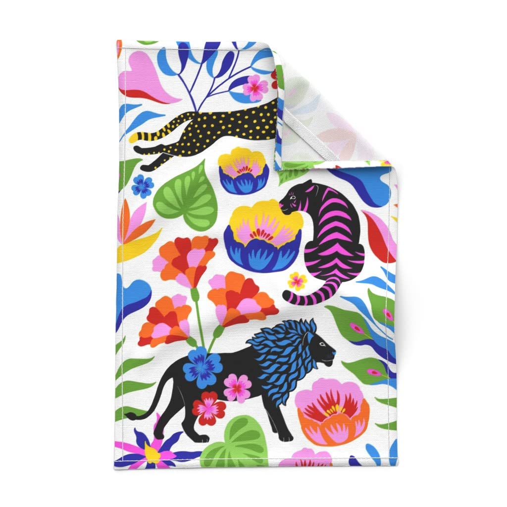 Premium Spoonflower Printed Tea Towel - Linen Cotton Canvas with Big Cat Floral Lion & Tiger Otomi Style Design | Decorative Kitchen Towel for Cooking, Baking & Festive Home Decor