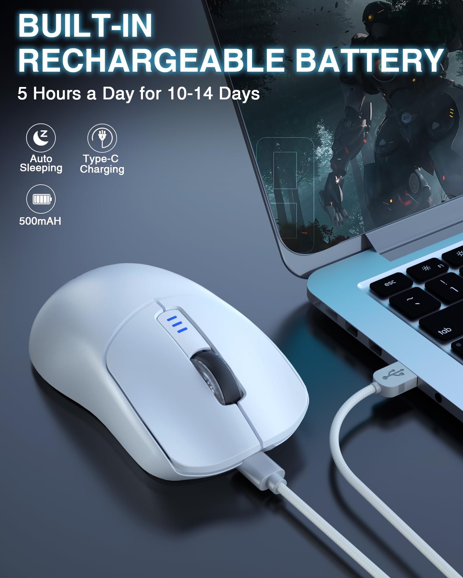 AULA SC580 Wireless Gaming Mouse - Tri-Mode 2.4G/BT5.0/USB-C, 12000 DPI Rechargeable, 6 Programmable Buttons, Ergonomic Design for PC, Laptop, Mac & Tablet | Perfect for FPS, MOBA & Office Work