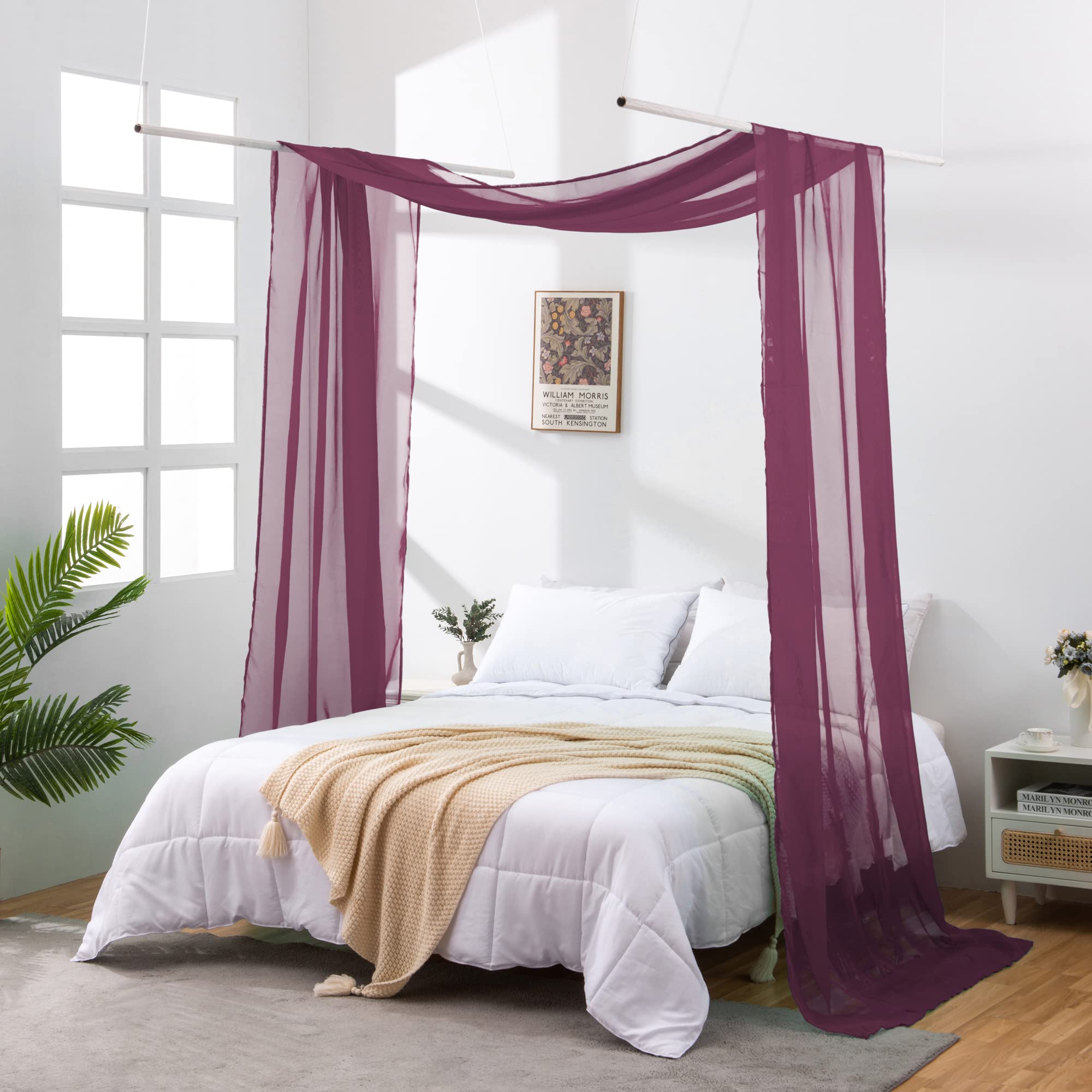 Dark Purple Sheer Bed Canopy Scarf 216 Inch Long - Elegant Bed Canopy for Girls & Adults, Decorative Wedding/Anniversary Curtain Drapes, Window Valance (52