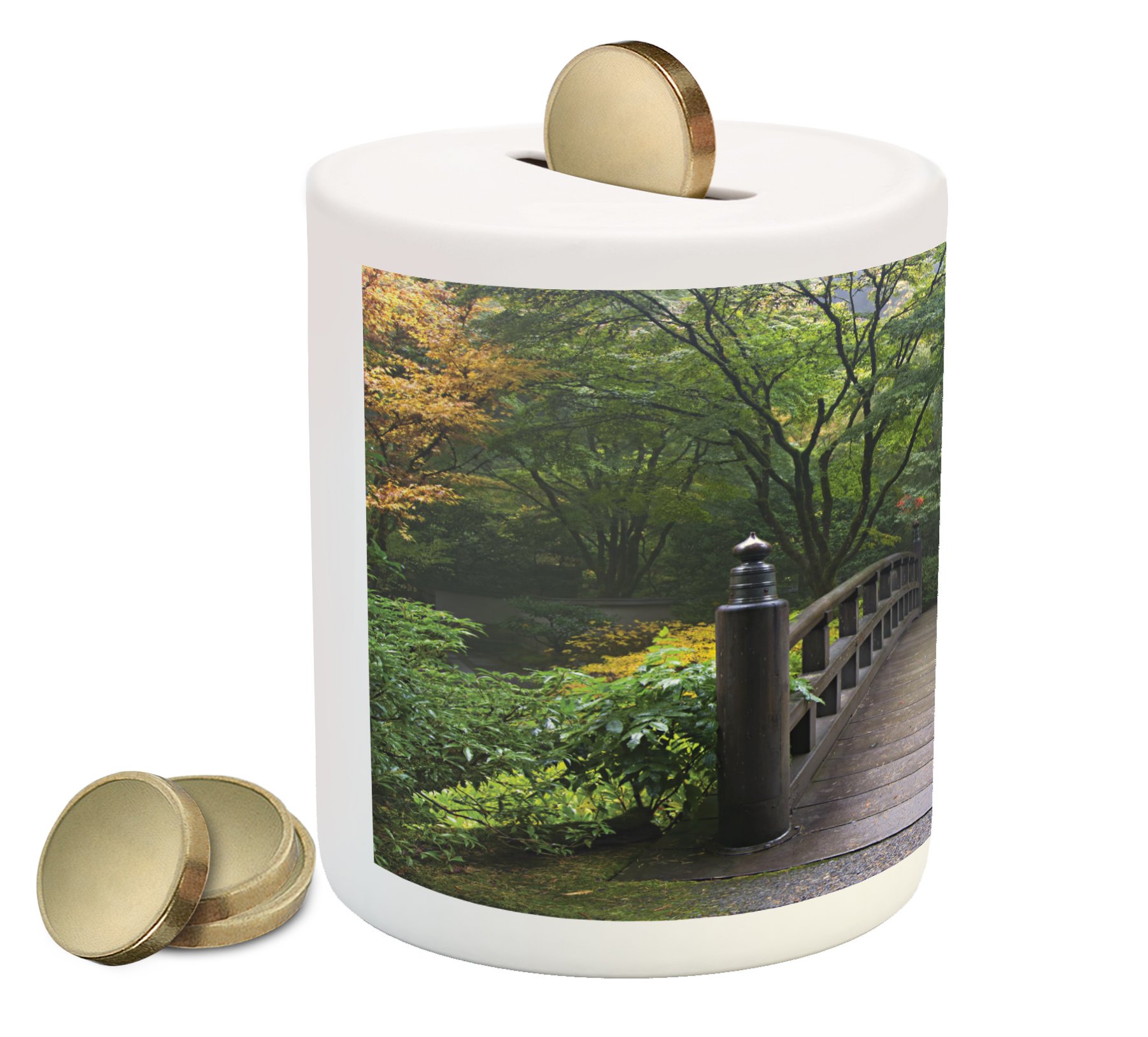 Lunarable Nature Piggy Bank - Wooden Bridge at Portland Japanese Garden Oregon in Foggy Autumn Morning Park, Printed Ceramic Coin Bank Money Box for Cash Savings, Green Coral - Perfect for Home Decor, Gift Giving & Teaching Kids Financial Responsibility