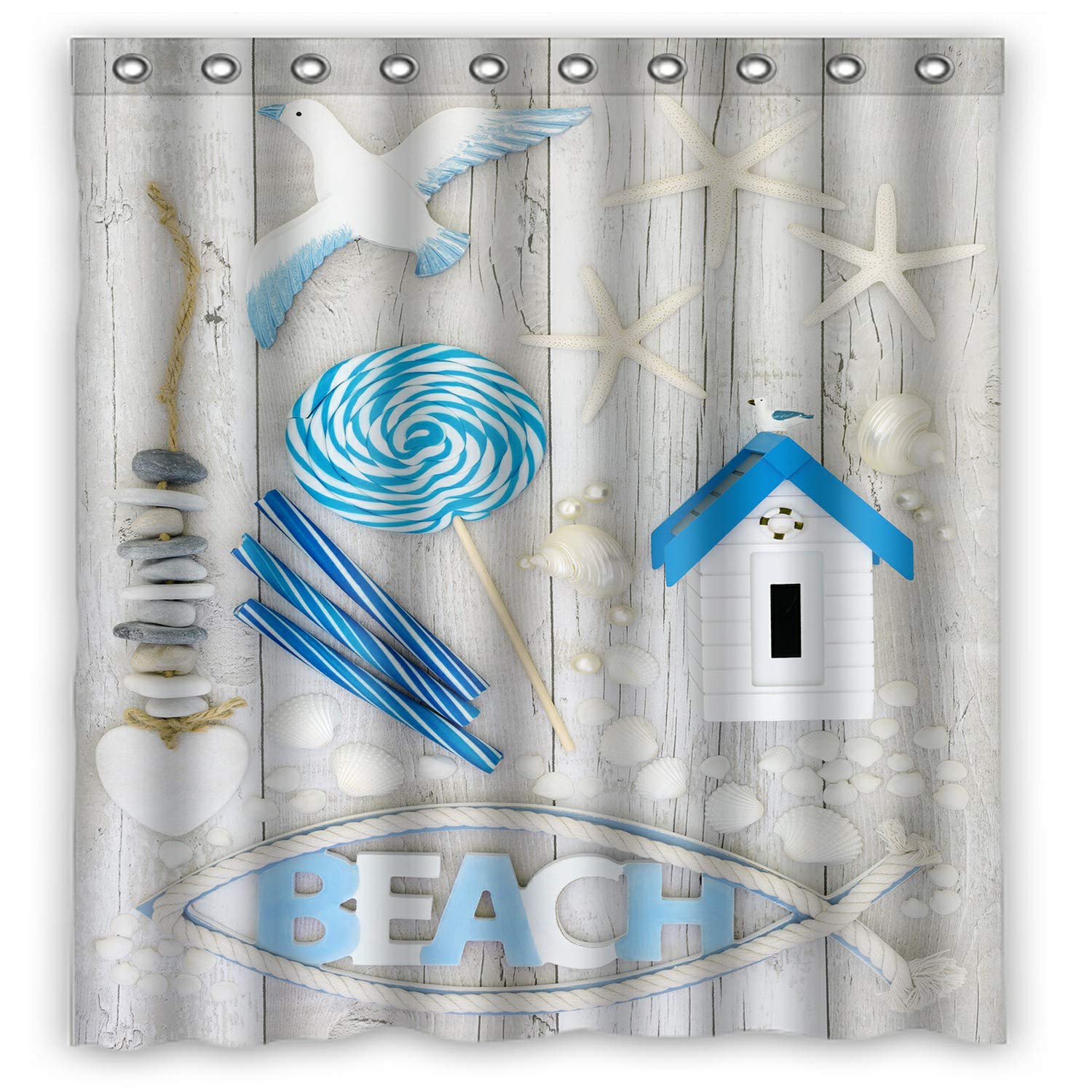 ECZJNT Beach Seashells Pearls Rock Candy Heart Shaped Waterproof Shower Curtain - 66x72 Inch Bathroom Decor for Coastal, Nautical & Beach Theme Homes - Perfect for Bathrooms, Guest Rooms & Vacation Rentals
