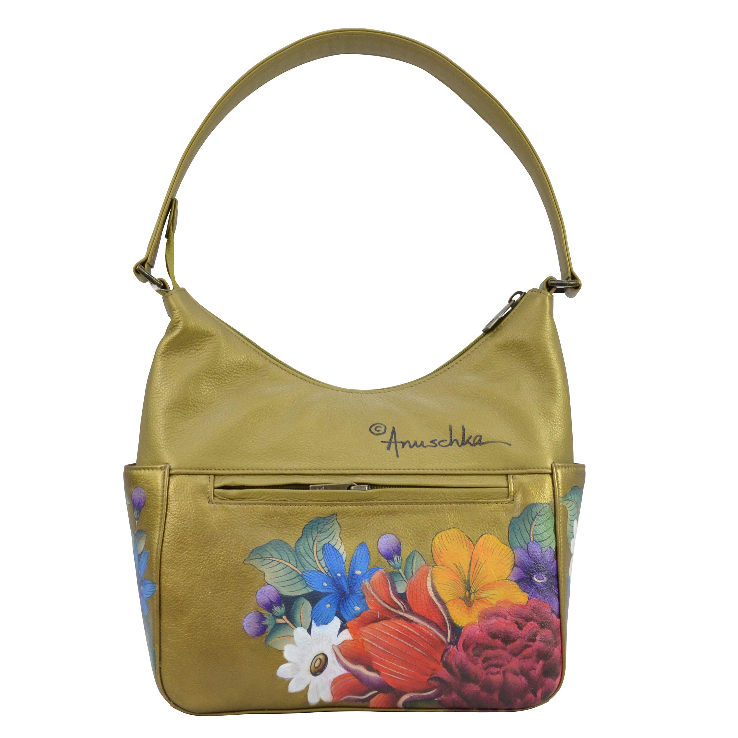 Anuschka Women's Hand-Painted Leather Hobo Bag with Side Pockets - Classic Shoulder Purse for Work, Travel & Everyday Use