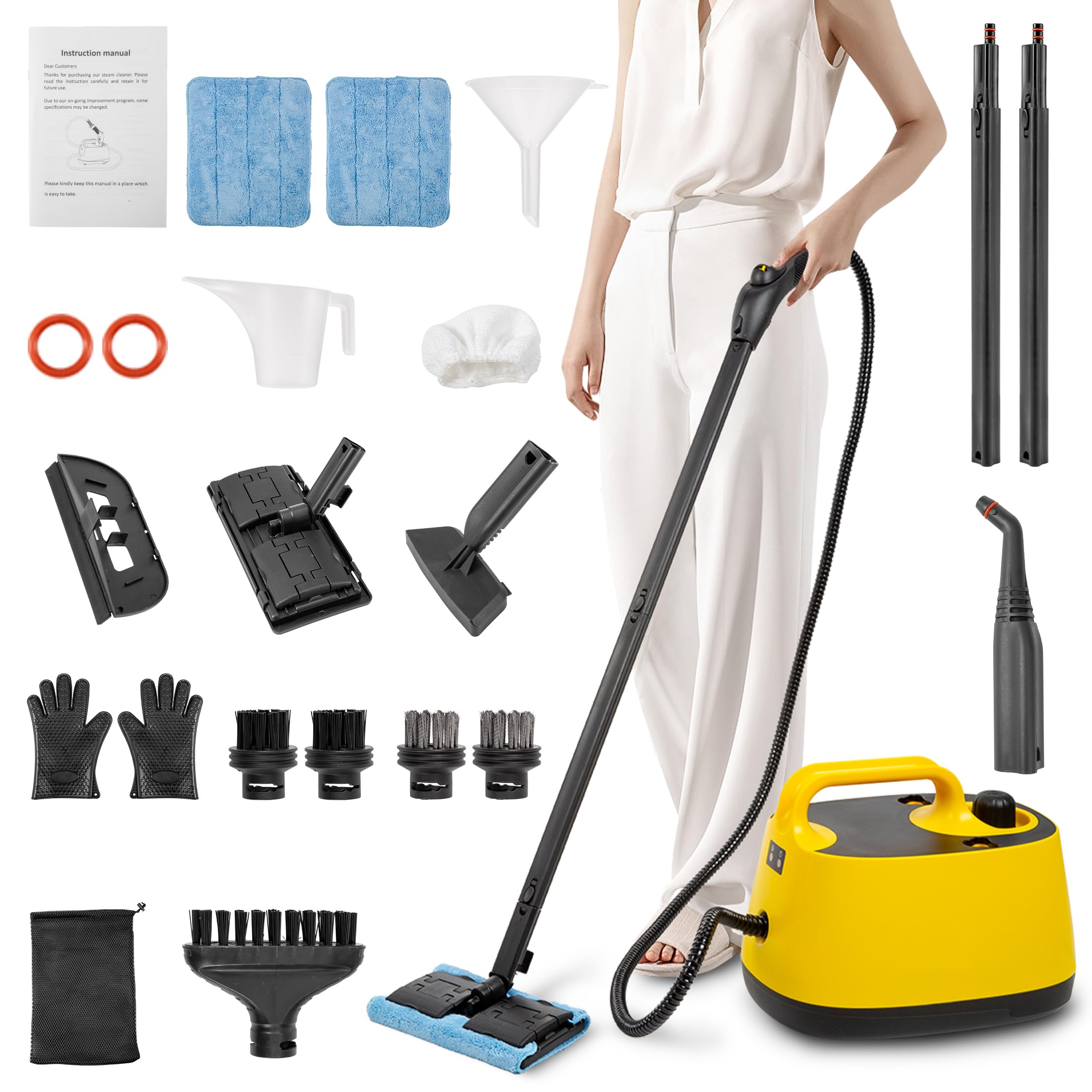 WICHEMI 1500W Multipurpose Steam Cleaner - High Pressure High-Temperature Steamer with 1.5L Tank & Wheels for Home, Car Detailing - Perfect for Cleaning Floors, Carpets, Upholstery, Kitchen, Bathroom & More