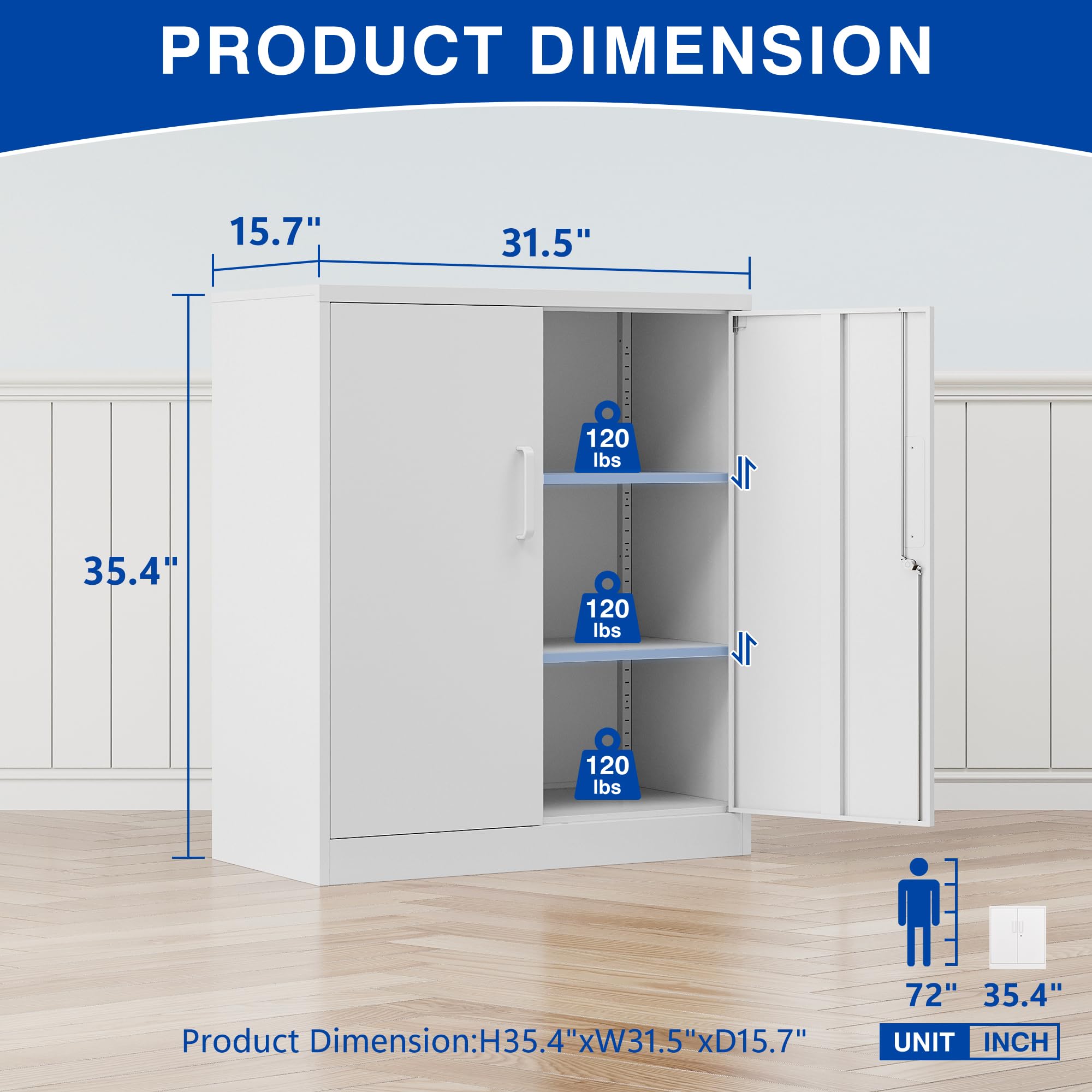 Lockable Metal Storage Cabinet - Steel Office File Cabinet with Doors & 2 Adjustable Shelves | Large Capacity Storage for Home Office, Garage & Workshop Organization | Secure Document & Tool Storage Solution