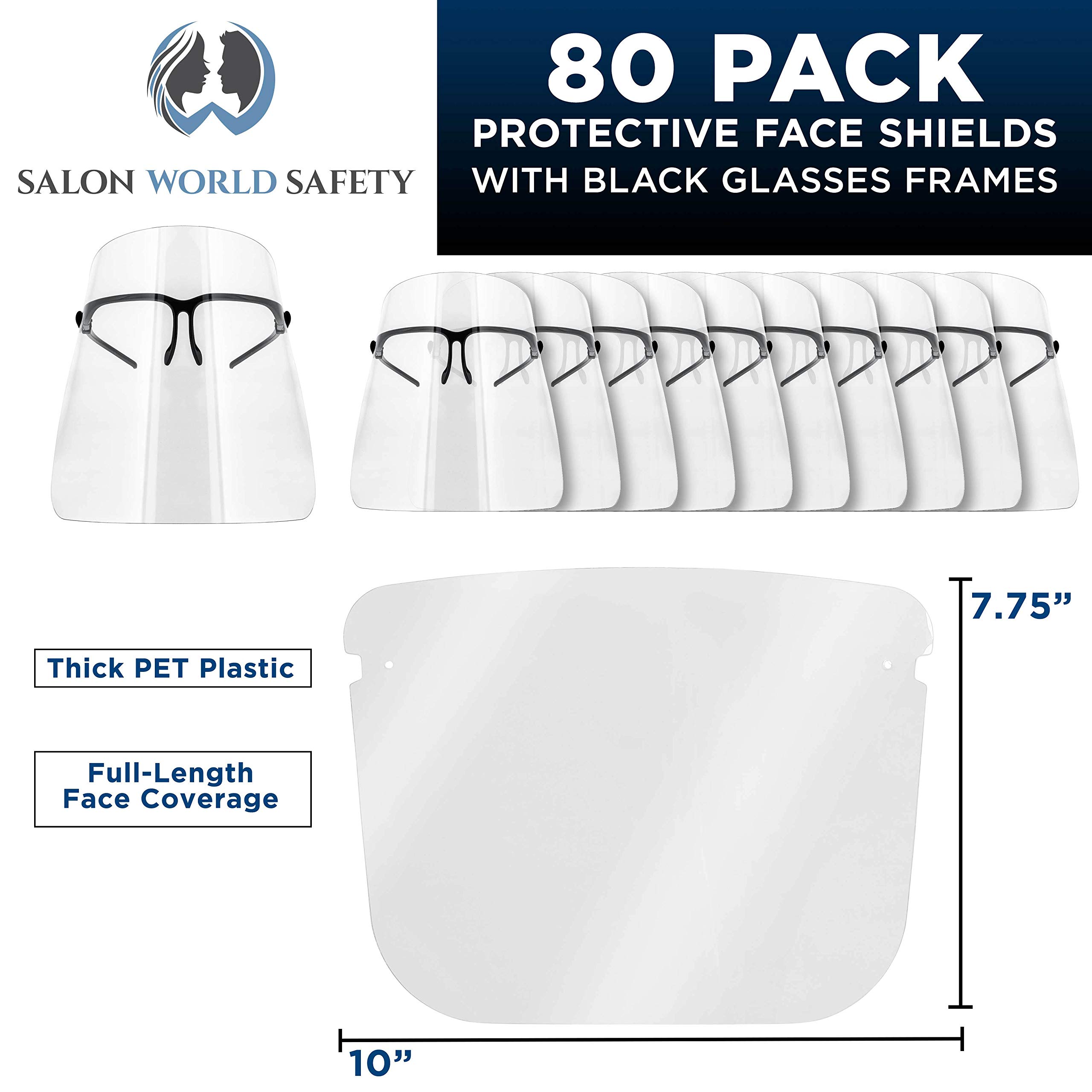 TCP Global Salon World Safety Face Shields with Black Glasses Frames (20 Packs of 4) - Ultra Clear Full Face Protection for Eyes, Nose & Mouth - Anti-Fog PET Plastic Face Shield Goggles - Ideal for Salons, Healthcare & Industrial Work Safety