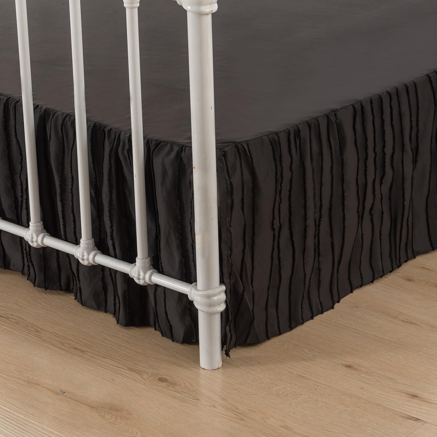 Full Size Bed Skirt - 14 Inch Drop Ruffled Split Corner Design, Striped Boho Style in Black | Perfect for Guest Rooms, Master Bedrooms & Bohemian Home Decor