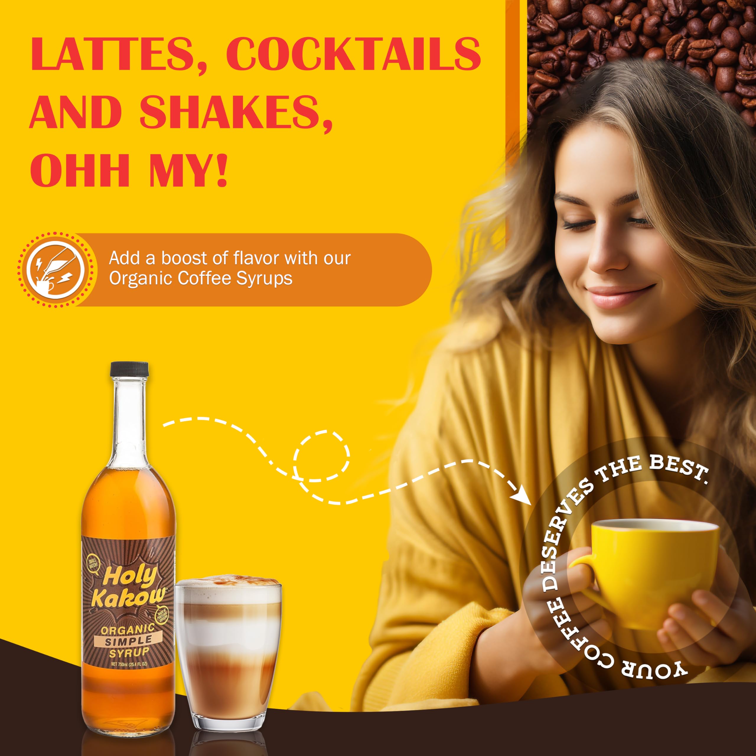 Holy Kakow Organic Cafe Simple Syrup - 750ml | All-Natural Coffee Syrup for Lattes, Cocktails & Shakes | Vegan, Gluten-Free Sweetener with Real Food Ingredients | Perfect for Home Baristas & Mixologists