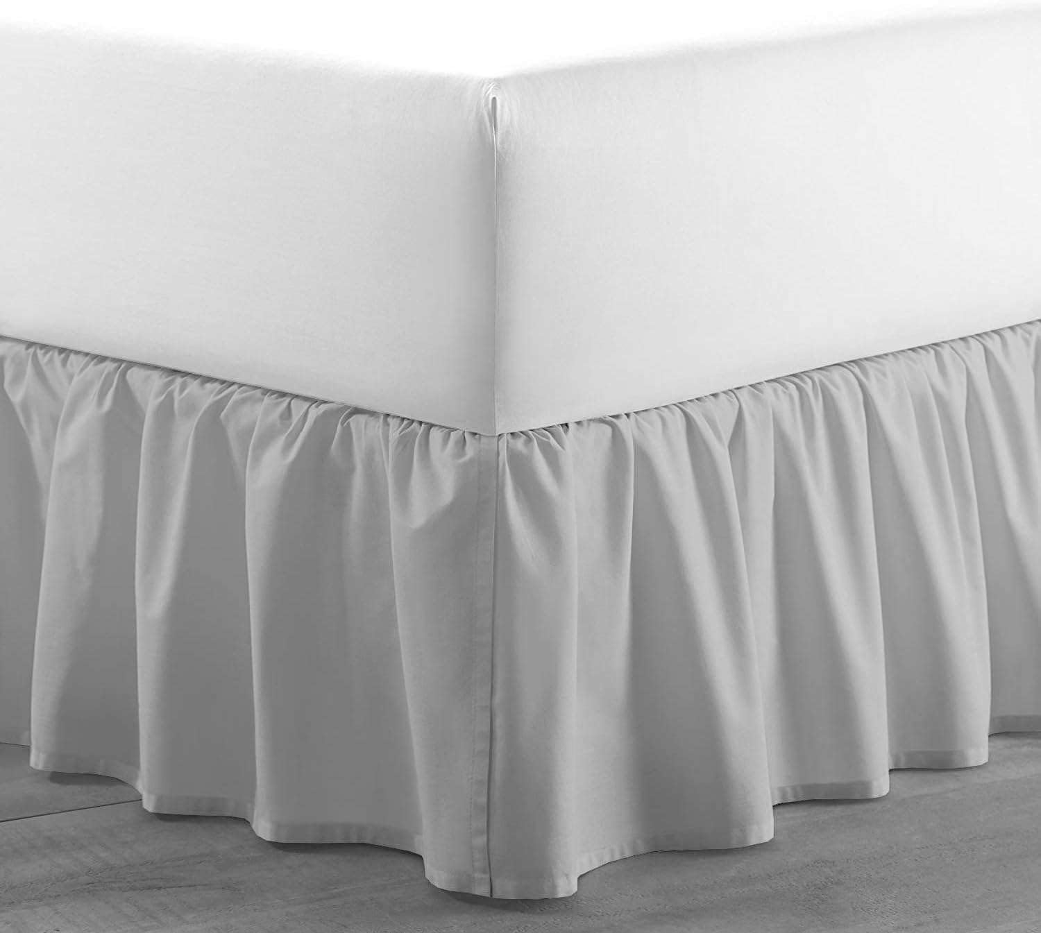 Light Grey Solid Ruffled King XL Bed Skirt - 22 Inch Drop Split Corner Microfiber Platform Bedskirt with 3-Sided Coverage | Perfect for King Size Beds, Guest Rooms & Luxury Bedroom Decor