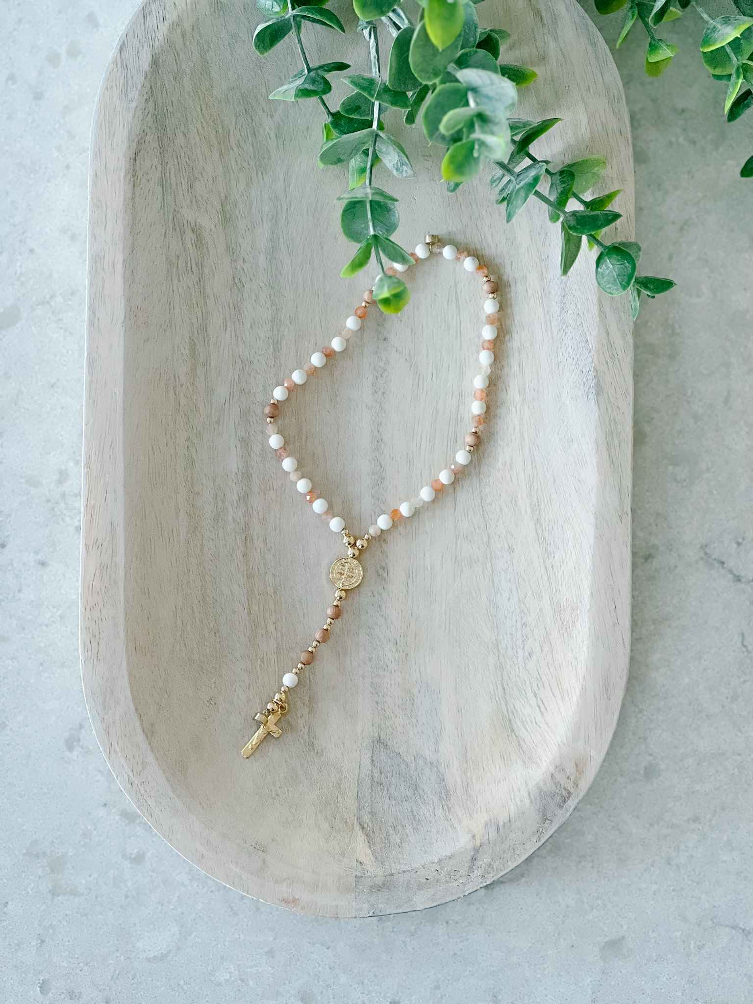 White & Pink Rosewood Full Rosary Bracelet - Catholic Prayer Beads for Women & Men - Perfect for Daily Devotion, Meditation & Gift Giving