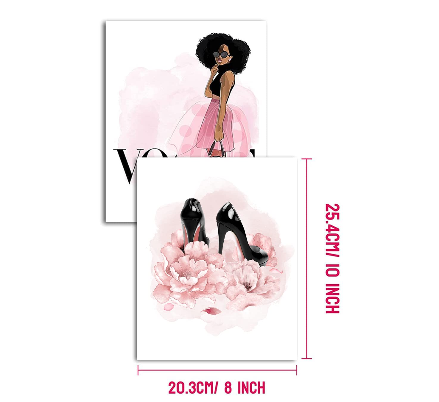 African American Wall Art - Black Girl Pink Flowers Canvas Prints, Set of 4 (8x10in UNFRAMED) - Perfect for Girls Bedroom Decor, Women's Room Aesthetic & Gift Ideas - Wall Paintings Featuring Perfume, Handbags & High Heels - Modern Home & Office Decor