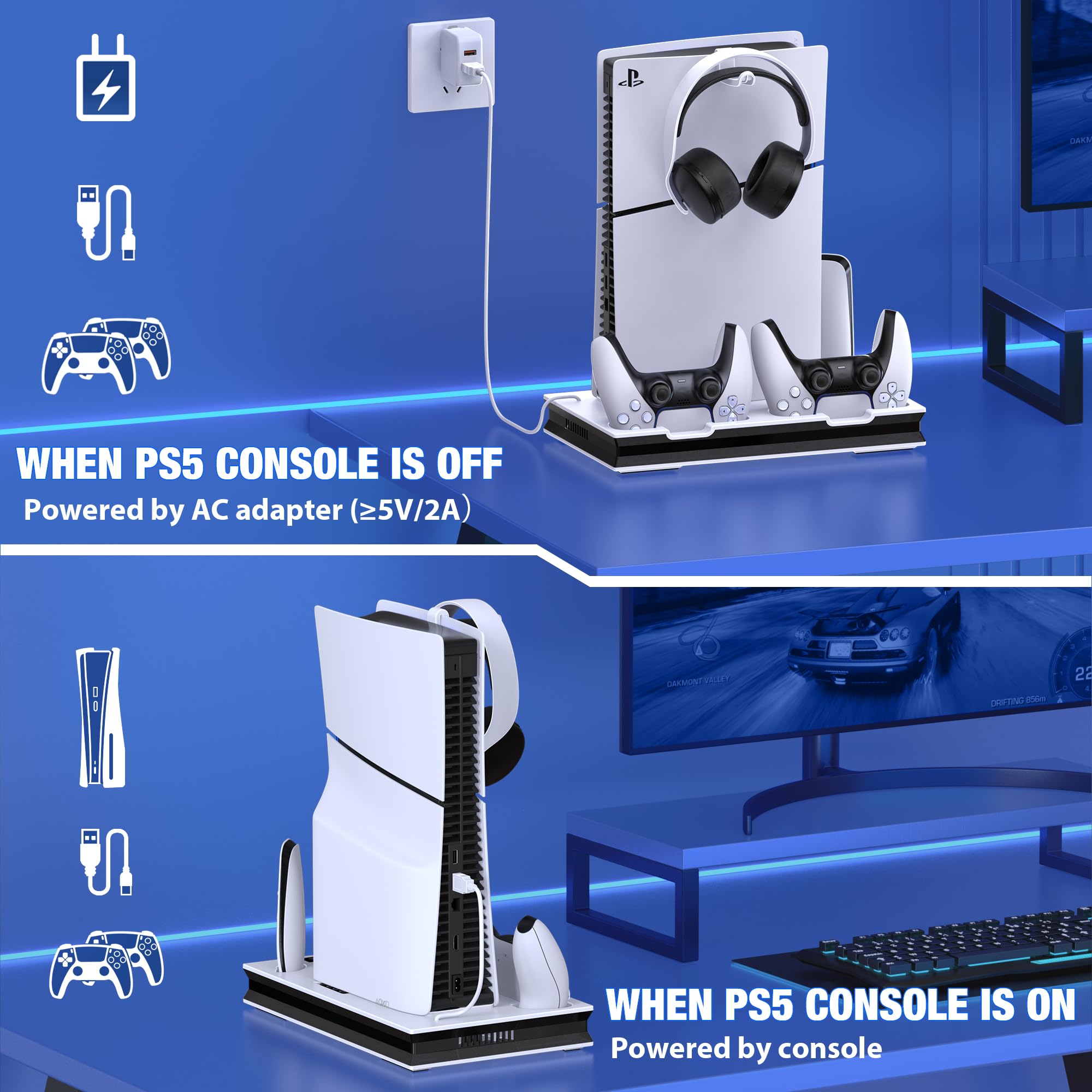 PS5 Slim Stand & Cooling Station with Dual Controller Charger - Vertical Stand for PlayStation 5 Slim Digital/Disc Edition - Includes Headset Holder, 3 USB Hub & Cable Management - Perfect for Gaming Setup & Console Protection