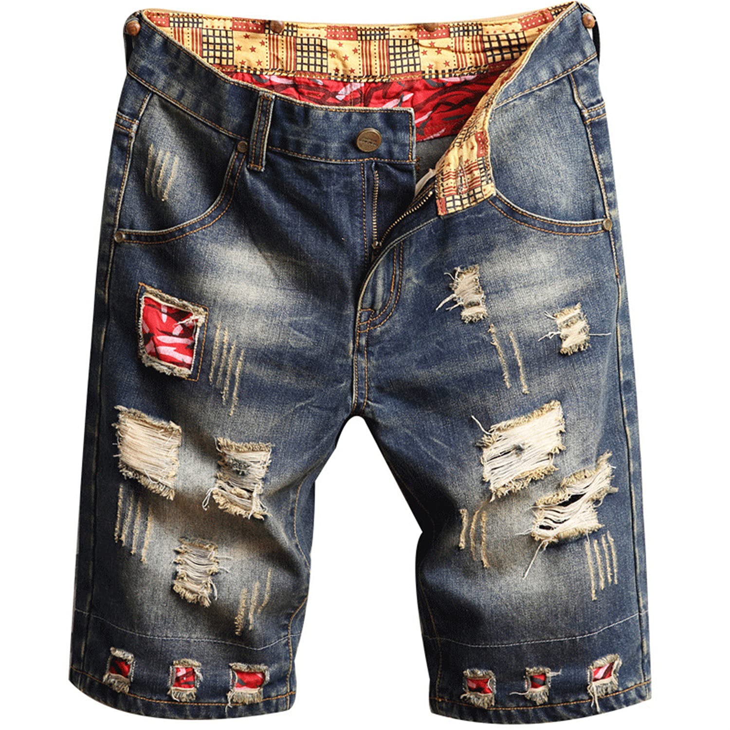 Vintage Distressed Denim Shorts for Men - Retro Plus Size Casual Ripped Biker Jean Shorts with Embroidery (Blue) - Perfect for Summer Outfits, Beach Wear & Casual Street Style
