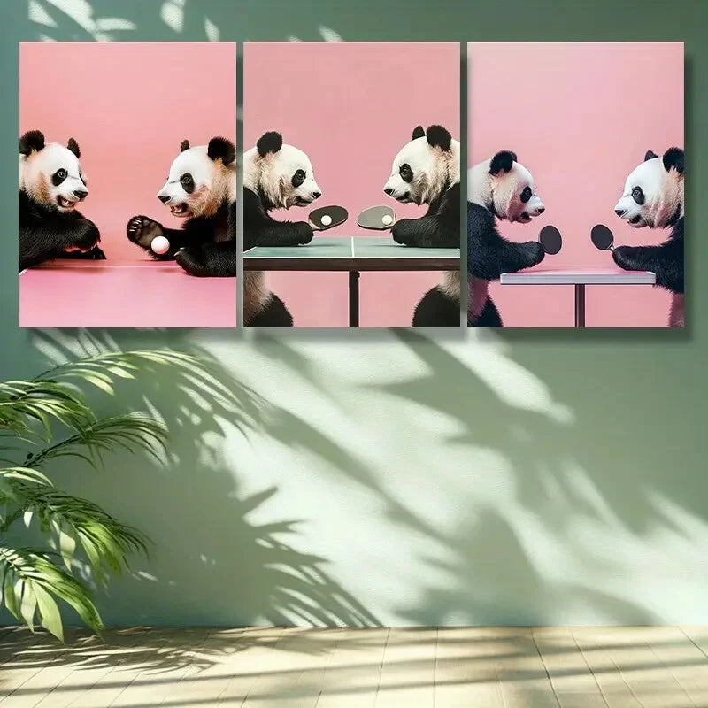 3-Piece Panda Table Tennis Art Metal Print - Ready to Hang Wall Decor for Game Room, Sports Bar & Home Office
