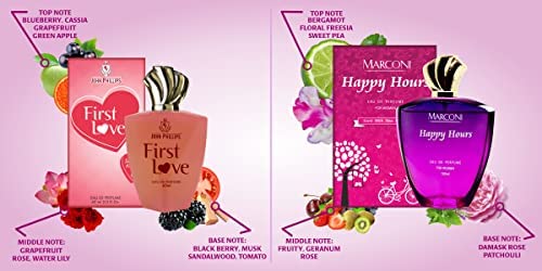 John Phillips™ First Love & Happy Hours Eau De Parfum for Women - Floral Fruity French Perfume | Daytime & Nighttime Wear | Office, Date Night, Special Occasions