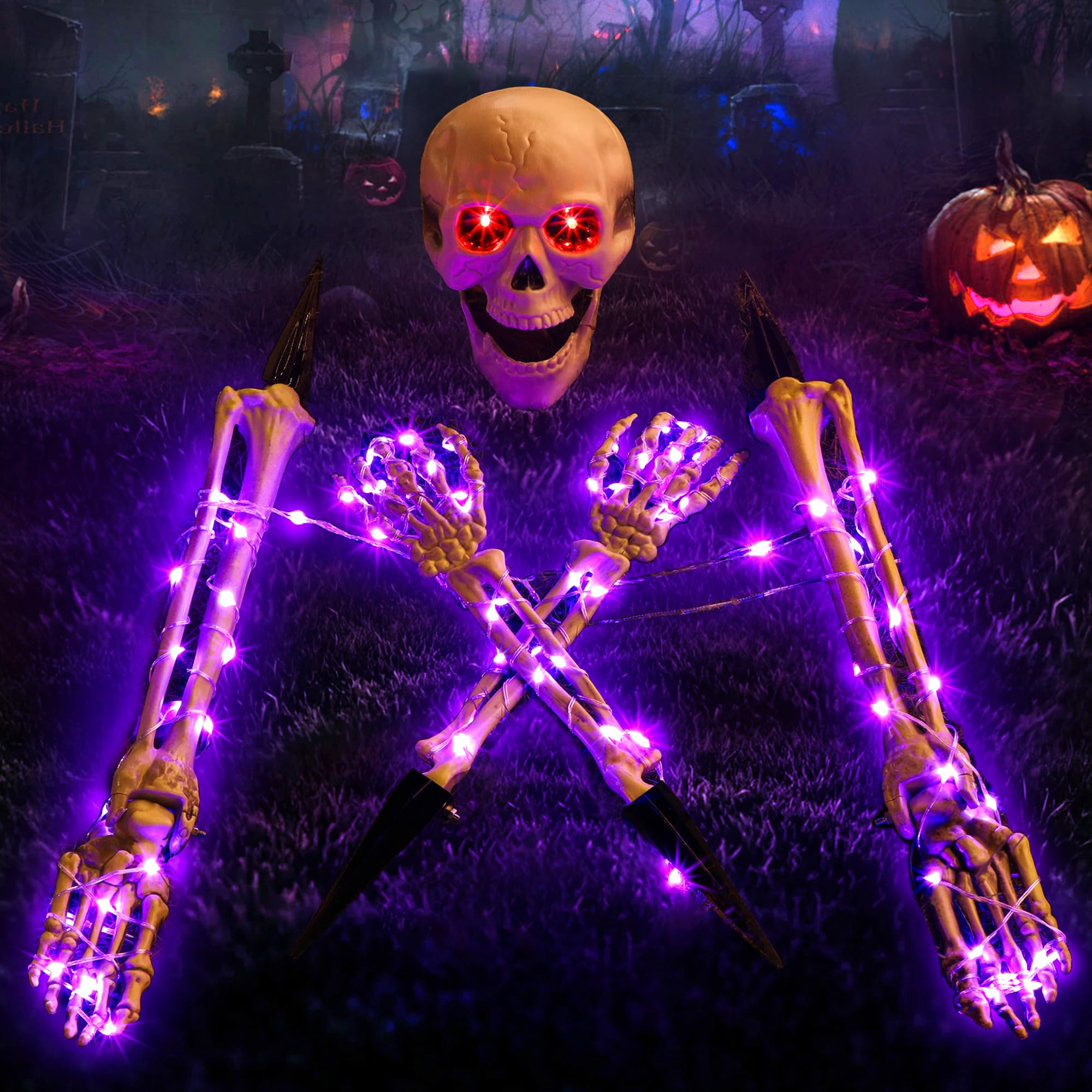 Realistic Halloween Skeleton Decorations for Outdoor - Glowing Graveyard Bones with Purple LED Lights, Spooky Skeleton Hands for Lawn, Garden & Halloween Party Decor | Perfect for Haunted House Themes & Trick-or-Treat Displays