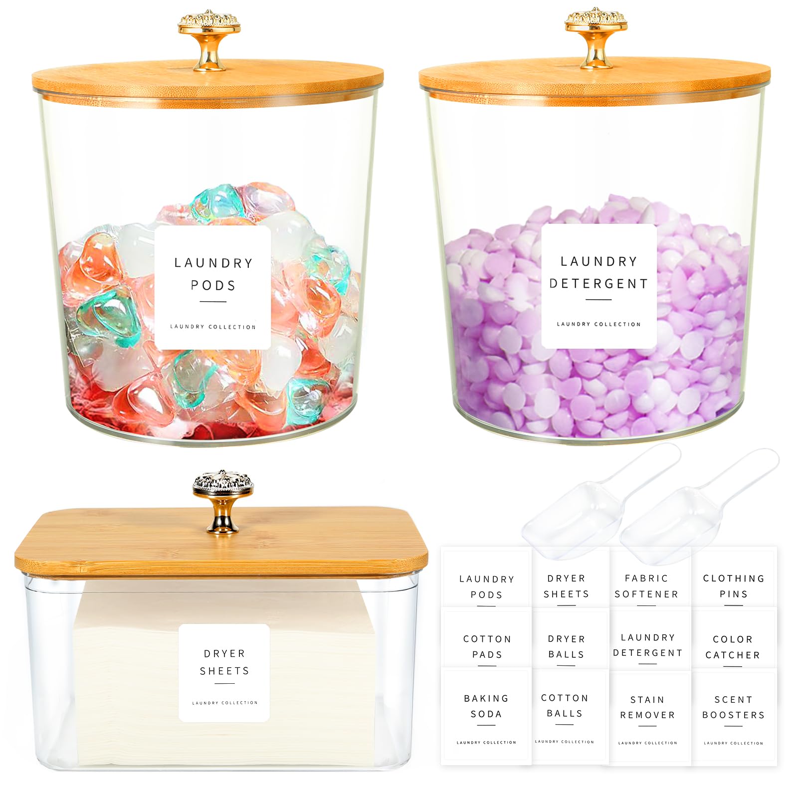 3-Pack Laundry Storage Jars with Lids & Labels - Detergent Pod & Dryer Sheet Organizer for Laundry Room - Perfect for Home Organization & Food Storage Containers (Ideal for Apartments, Dorms & Small Spaces)