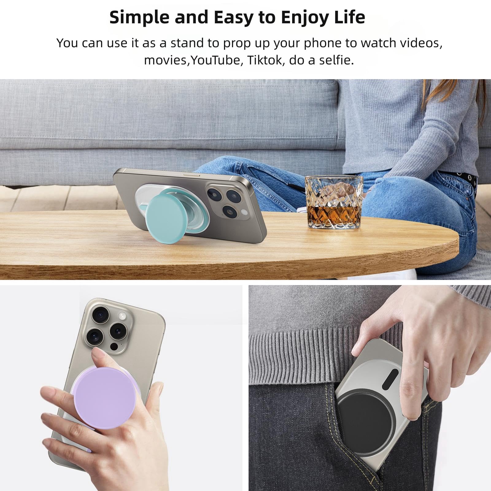 AUROX Magnetic Phone Grip Holder - Expandable Collapsible Stand with Kickstand for Magsafe | Compatible with iPhone 16/15/14/13/12 Series | Transparent Pink | Perfect for Hands-Free Viewing, Gaming & Video Calls