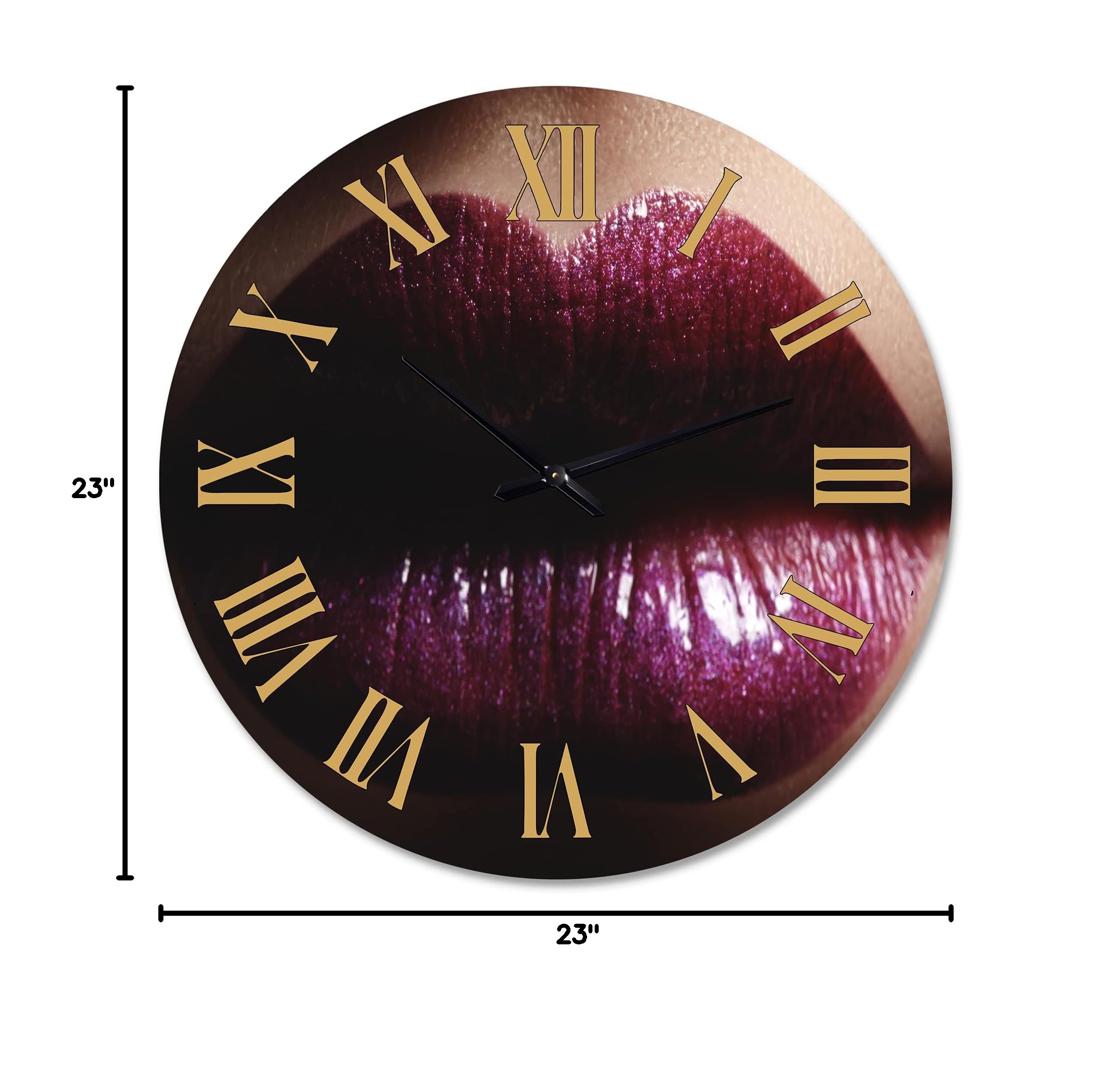 DesignQ Modern Wall Clock - Large 'Close-Up of Female Plump Lips with Glitter' Art Decor for Kitchen, Living Room, Bedroom | Silent Non-Ticking Battery Operated Clock for Home & Office
