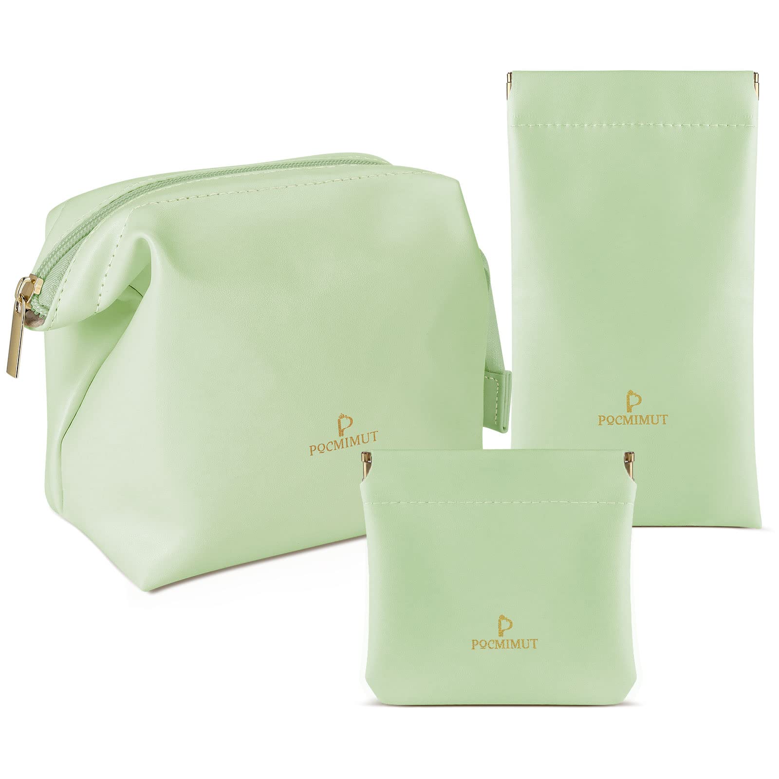 Pocmimut Leather Makeup Bag for Women - Small Travel Cosmetic Organizer Pouch, Portable Makeup Case for Girls (Green) - Perfect for Travel, Gym & Daily Essentials Storage