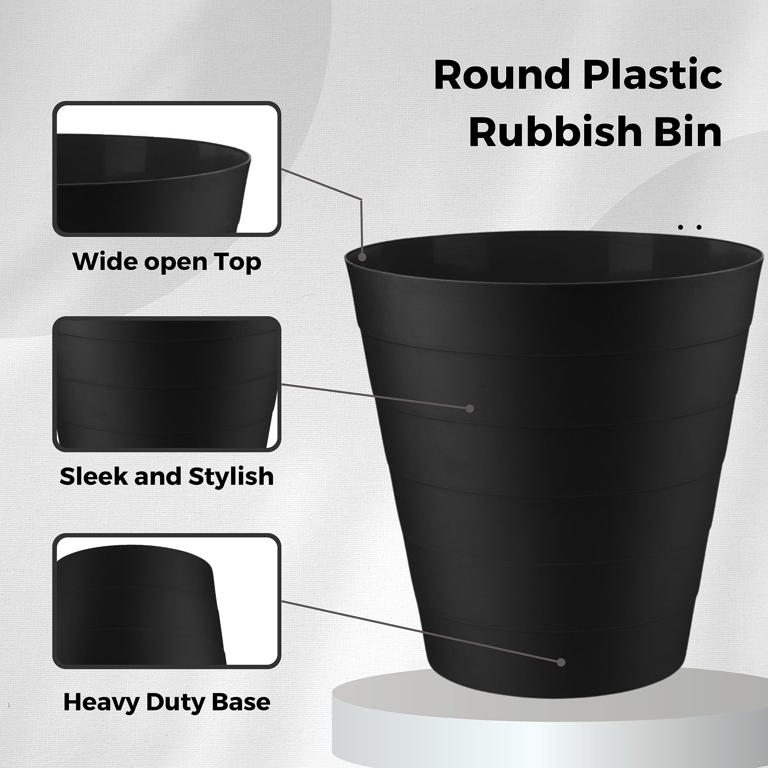 Homeshopa 6L Round Plastic Waste Paper Bin - Lightweight Trash Can for Kitchen, Bedroom, Bathroom & Outdoor - Open-Top Design Garbage Container Dustbin (Black) | Perfect for Home, Office & Commercial Spaces