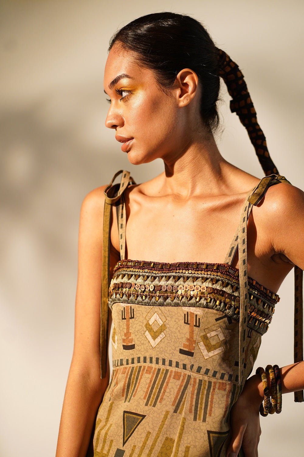 Stylish Green Aztec Print Tube Dress with Hand-Threaded Details & Wooden Embellishments | Perfect for Boho Festivals, Beach Vacations & Summer Parties