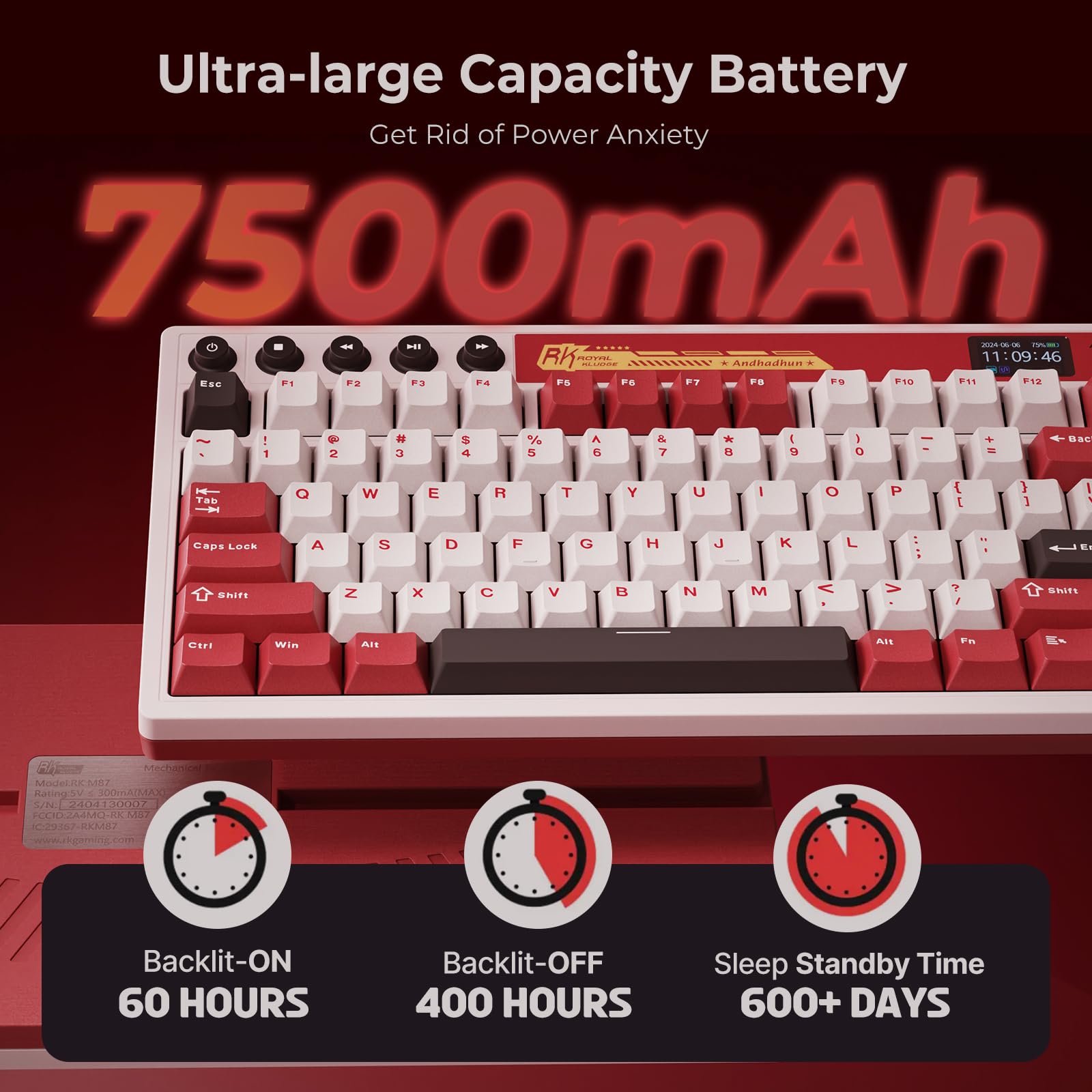 RK ROYAL KLUDGE M87 Wireless Mechanical Keyboard - Dual Knob, RGB Backlit, Hot Swappable for Gaming & Office