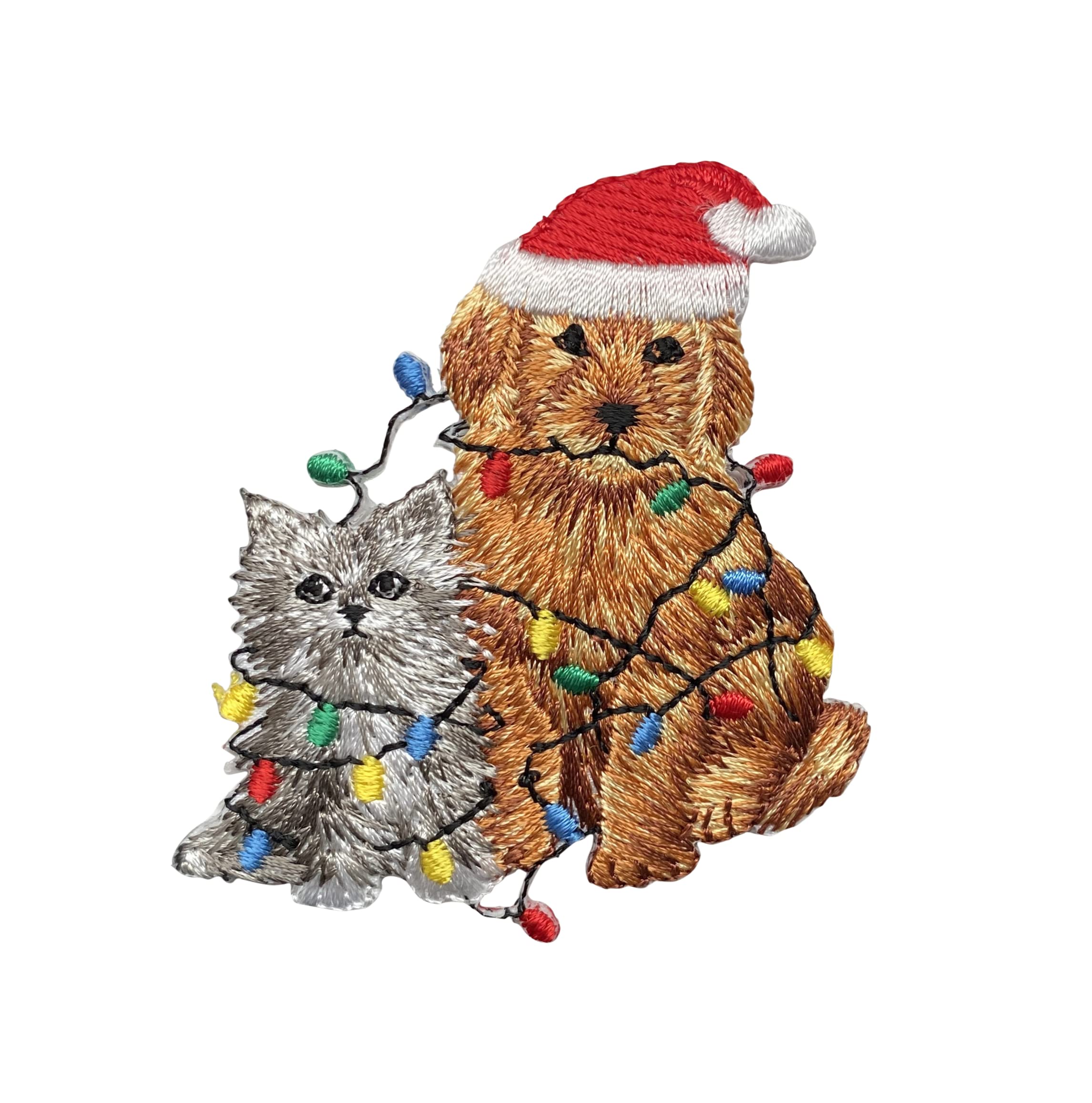 Christmas Puppy Dog and Kitten Cat Embroidered Iron-On Patch for DIY Clothing, Hats, Bags - Festive Holiday Pet Lover Gift