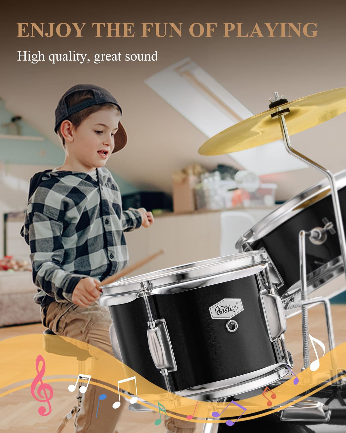 Eastar 14'' Kids Beginner Drum Set - 3 Piece with Bass, Tom, Snare Drum, Adjustable Throne, Cymbal, Pedal & 2 Pairs Drumsticks - Metallic All Black - Perfect for Home Practice, Music Lessons & First Drum Kit for Young Musicians