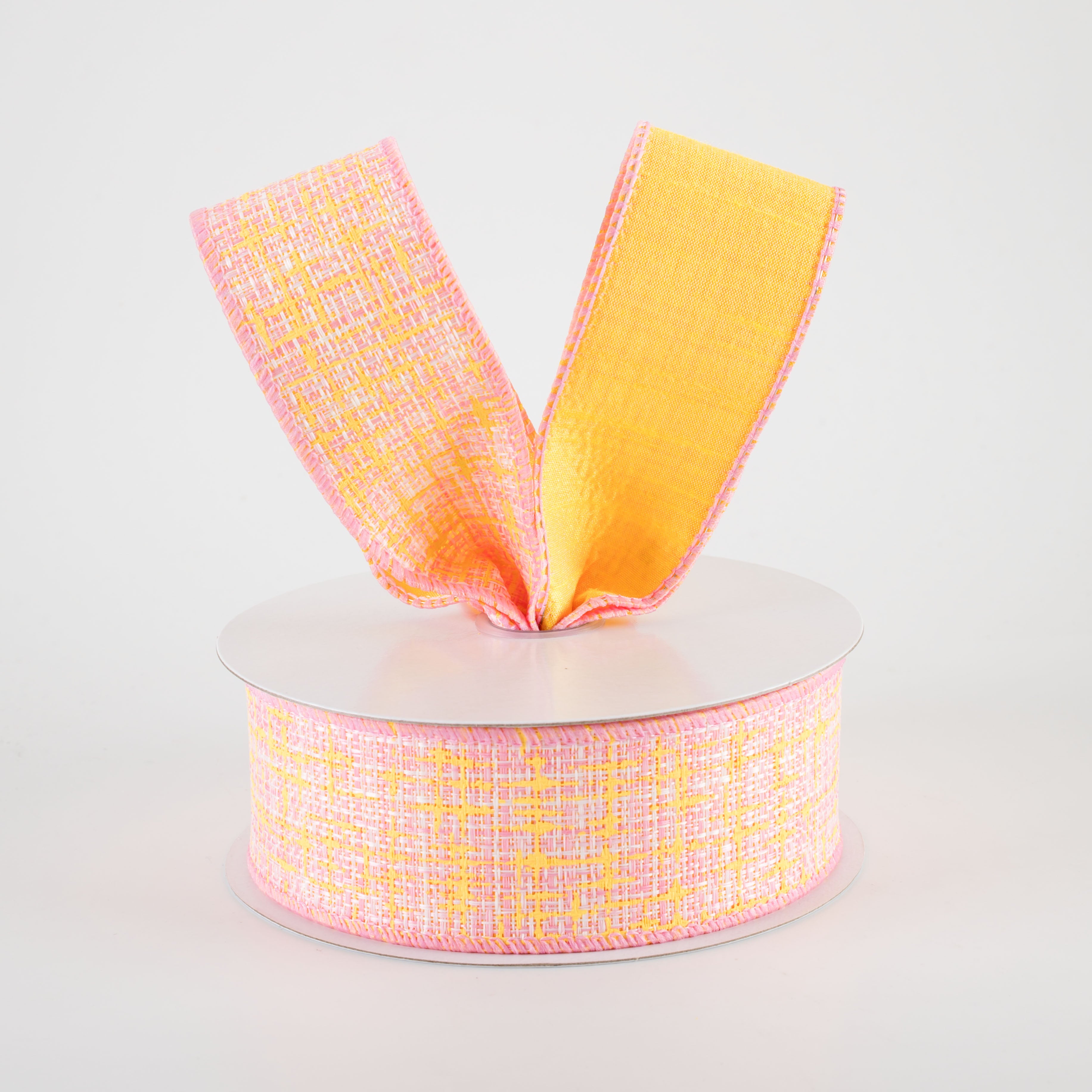 1.5 Inch Double Sided Embellished Tweed & Dupioni Ribbon - Pink & Yellow (10 Yards) for DIY Crafts, Gift Wrapping, Hair Bows & Home Decor