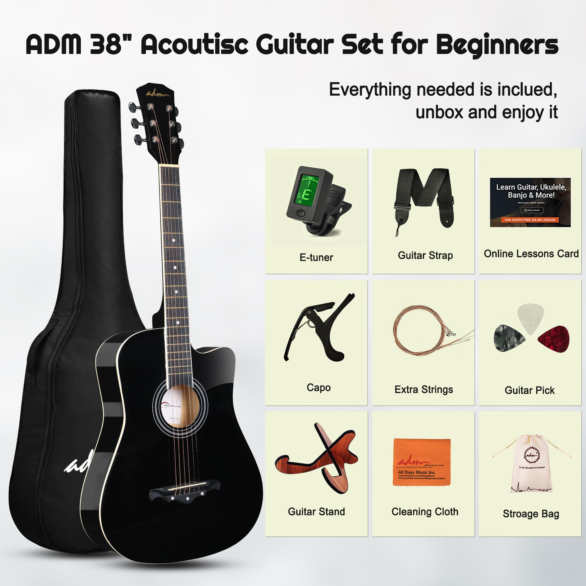 ADM 38-Inch Cutaway Acoustic Guitar Starter Kit for Beginners & Adults - Full Size Wood Guitar with Gig Bag, Strap, Steel Strings, Picks, Capo & Stand (Black) | Perfect for Home Practice, Music Lessons & Campfire Performances