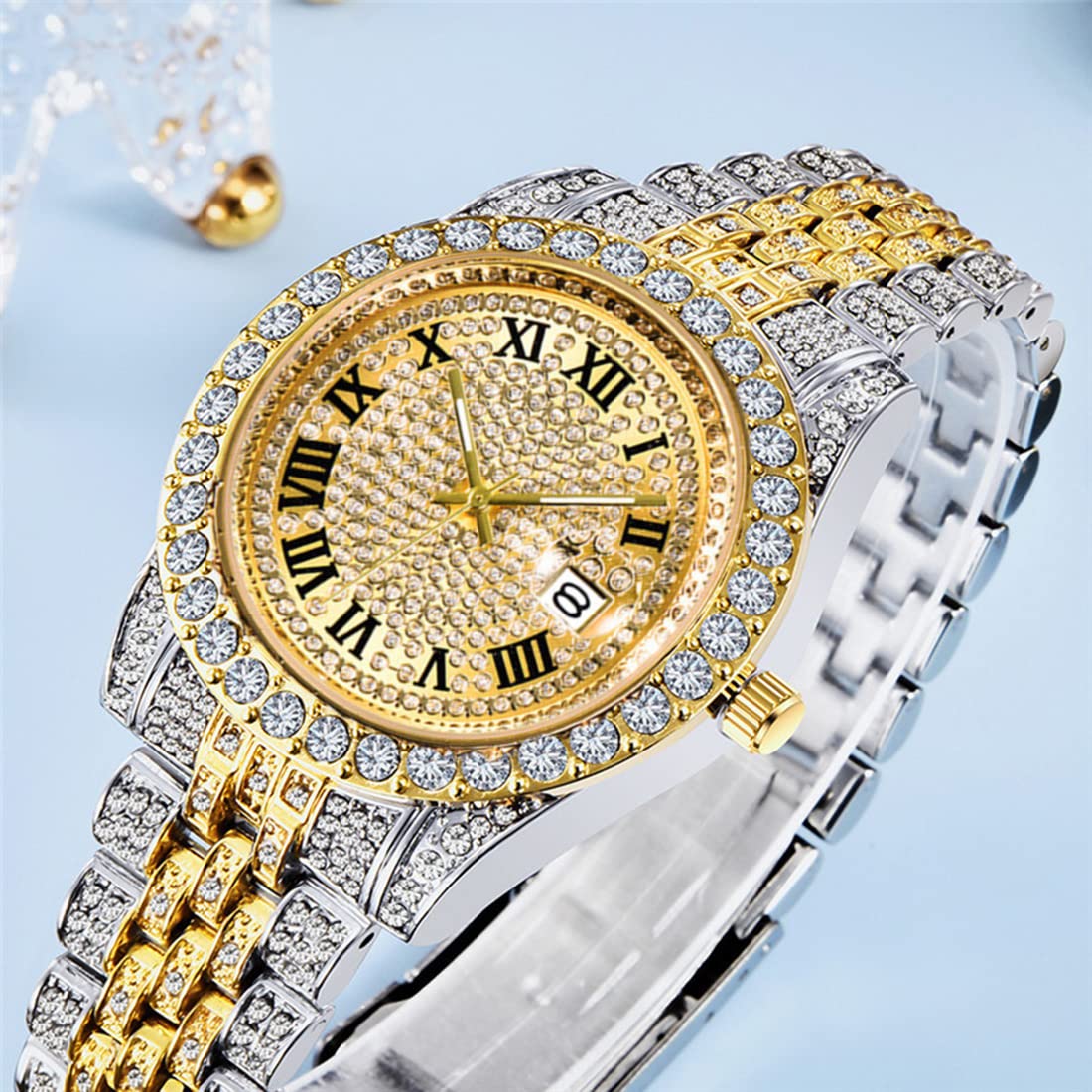 Luxury Men's Diamond Watch - Iced-Out Hip Hop Wristwatch with Crystal Rhinestones | Bling Men's Fashion Watch for Parties, Gifts & Special Occasions