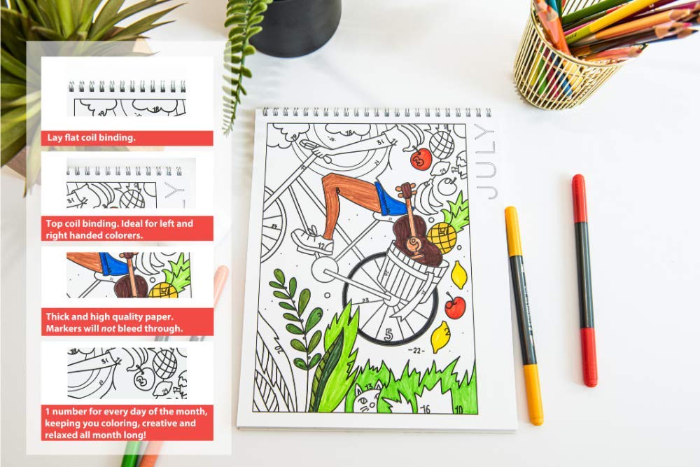 Creative & Mindful 12-Month Undated Coloring Calendar for Adults & Kids - Thick Paper Lay Flat Design - Perfect for Stress Relief, Art Therapy & Family Bonding Activities