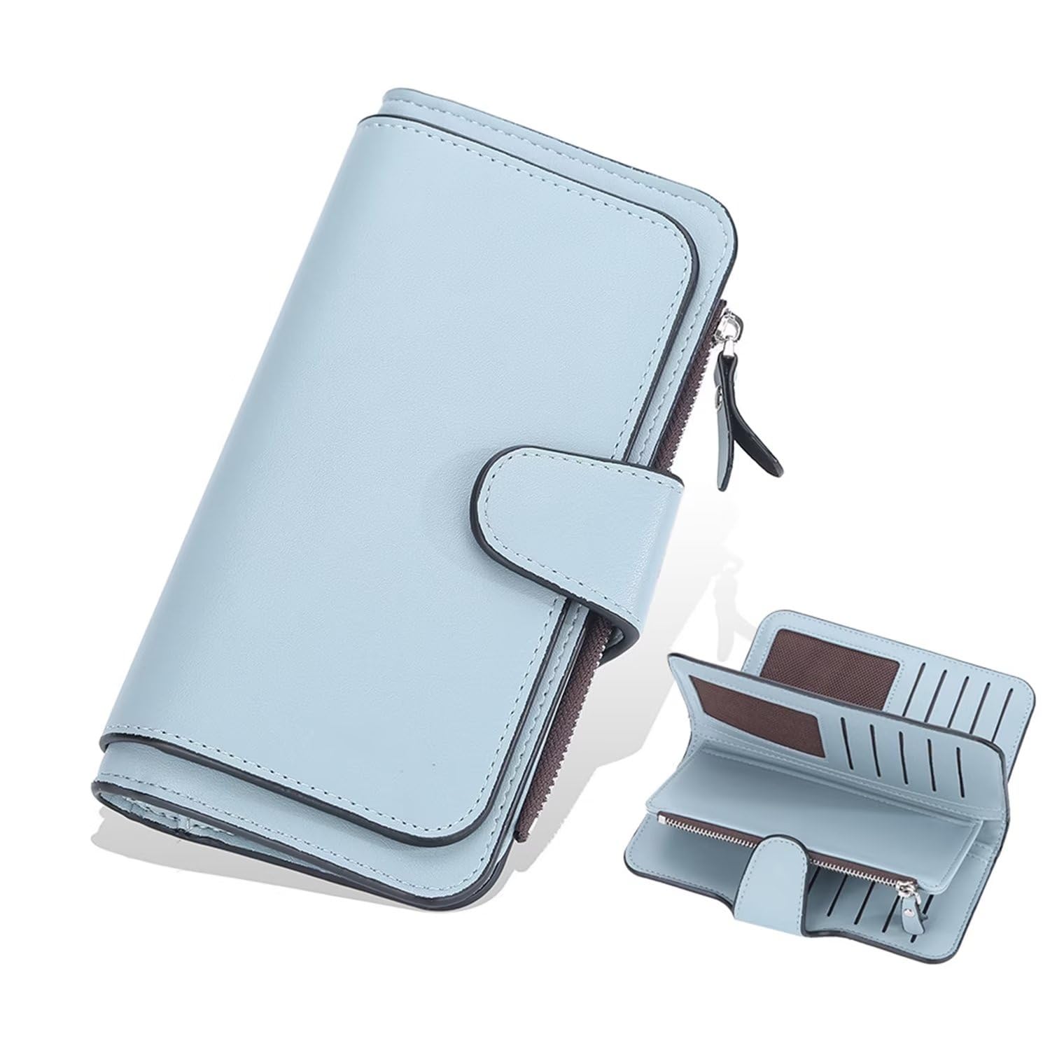 Tasato Women's Leather RFID Blocking Wallet with Card Slots & Zipper Coin Pocket - Light Blue Long Purse for Girls - Perfect for Travel, Shopping & Everyday Use