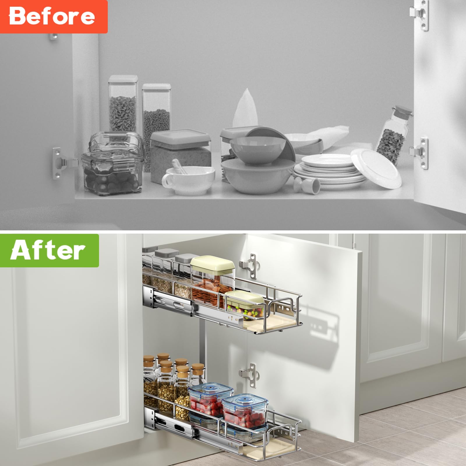 ROOMTEC 2-Tier Pull Out Cabinet Organizer - Wood Slide Out Shelves for Kitchen Storage (5.5