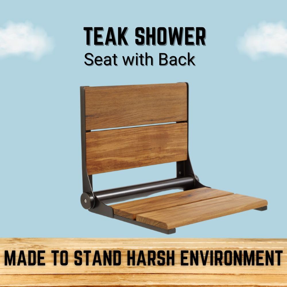 Premium Teak Shower Seat with Backrest - ADA Compliant Folding Wall Mount Bath Bench for Elderly, Disabled & Bariatric Users - 304 Stainless Steel Frame Supports 500 lbs - Oil Rubbed Bronze Finish (26