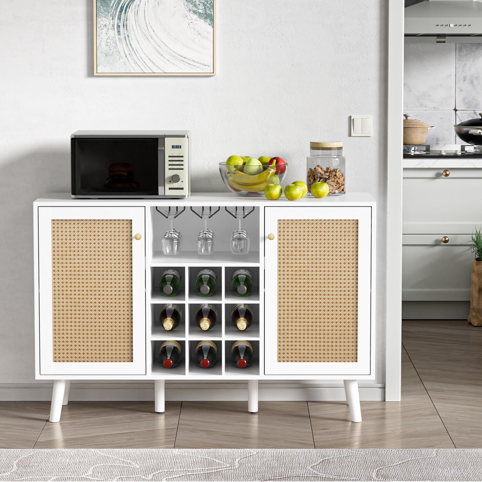 **Giluta White Rattan Sideboard Buffet Cabinet - 2-Door Farmhouse Wine Bar with Wine Rack & Glass Holder - Storage Cabinet for Living Room, Dining Room, Kitchen - Perfect for Entertaining & Home Decor**