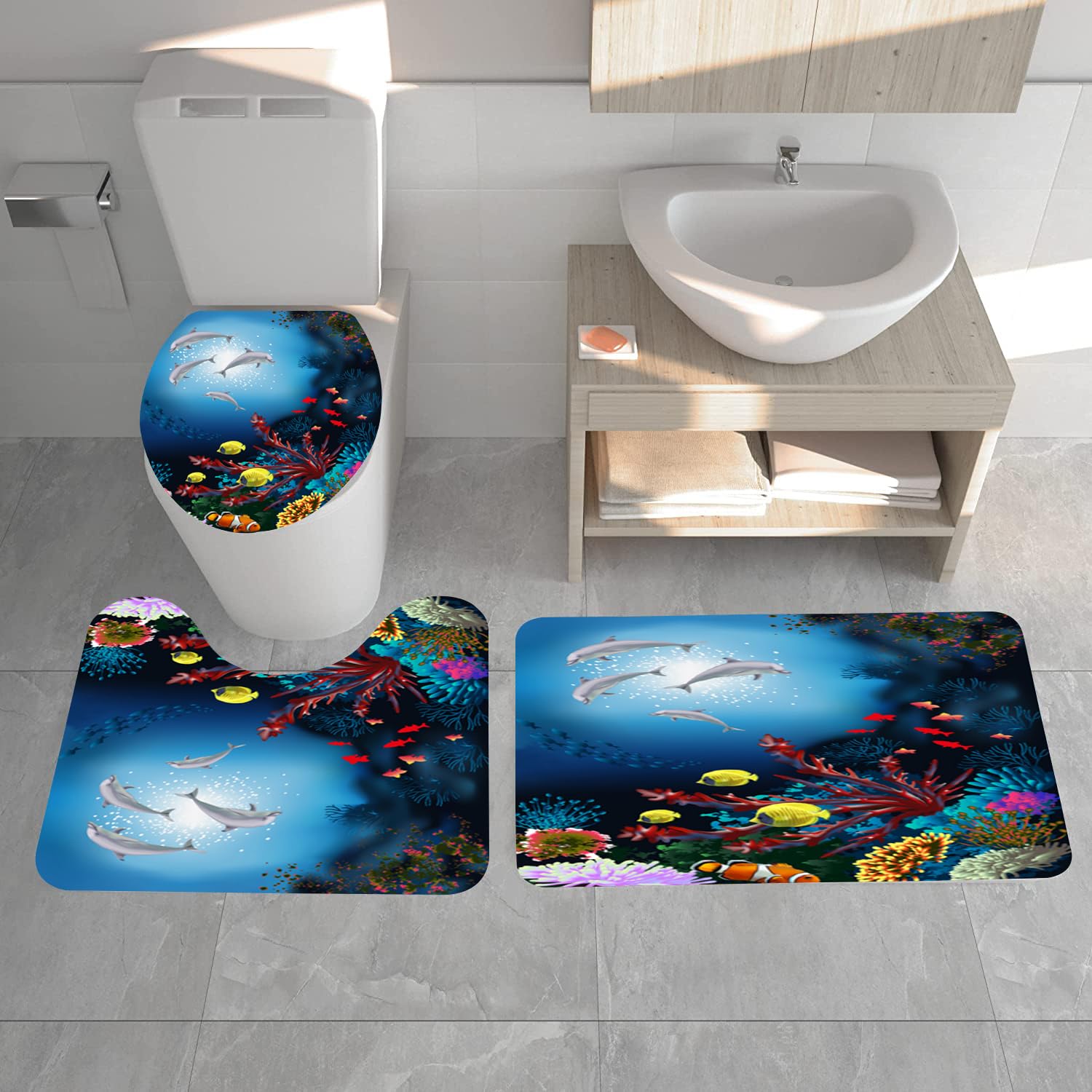 Blue Ocean Bathroom Sets for Kids - Shower Curtain with White Dolphins & Fish, Bath Mat, Toilet Seat Cover & Rugs | Boys & Girls Coastal-Themed Bathroom Decor | Perfect for Beach House, Nursery or Kids' Bathroom Makeover