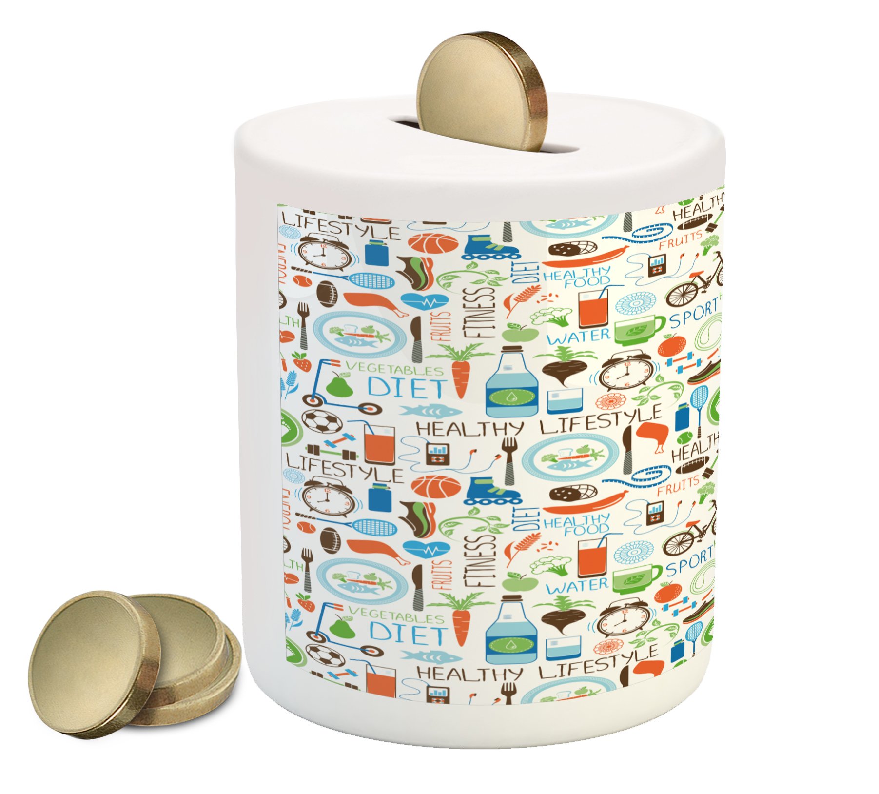 Ambesonne Ceramic Piggy Bank - Fitness & Sports Theme Money Box for Saving Cash, Printed with Diet Balance, Nutrition Bicycle & Organic Food Design - Perfect for Gym Enthusiasts, Health-Conscious Savers & Gift Occasions