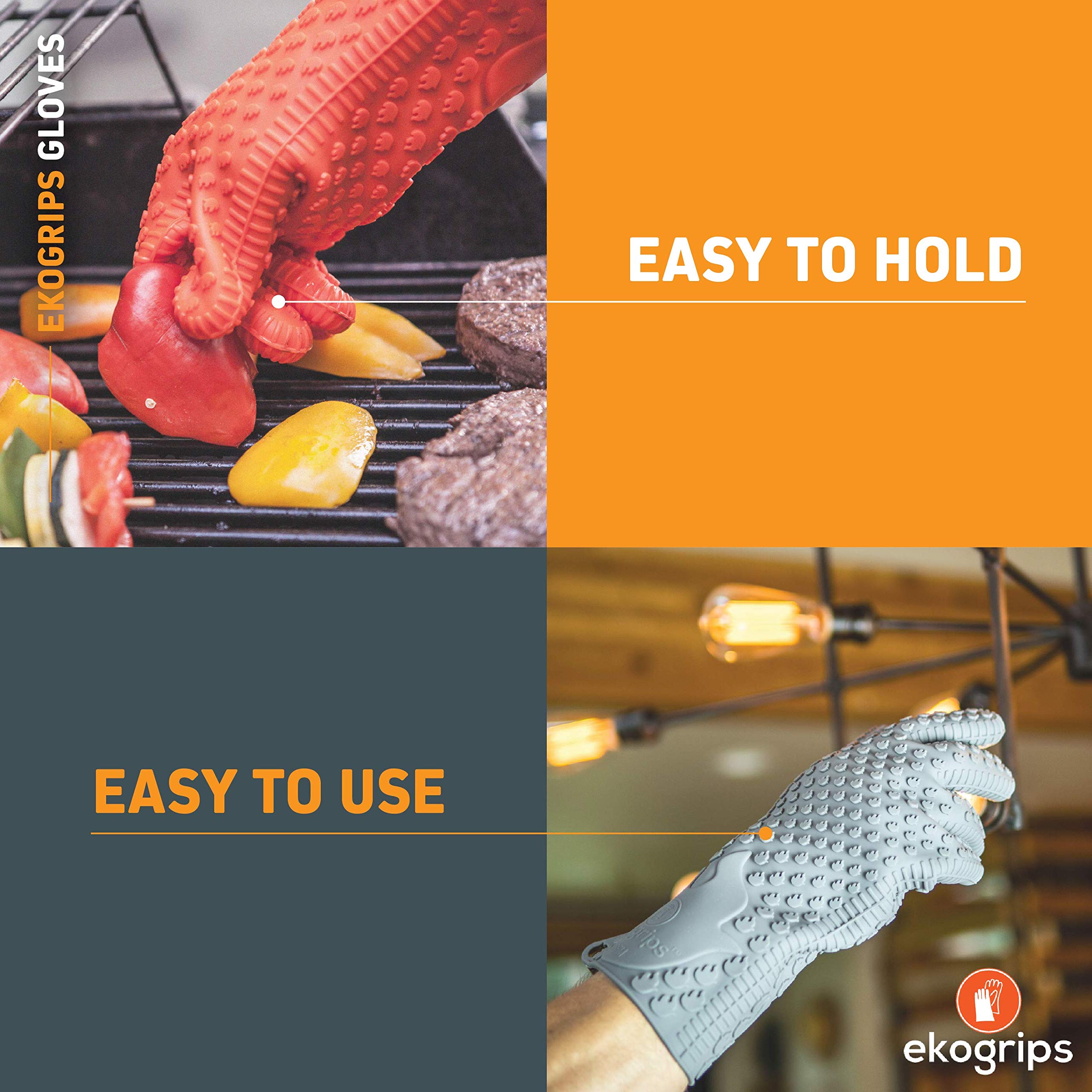 Ekogrips Premium Heat-Resistant BBQ Gloves for Grilling, Cooking & Meat Handling - Oven & Fireplace Safety Gloves - Campfire & Dishwashing Mitts - Orange Large/XL for Outdoor & Kitchen Use