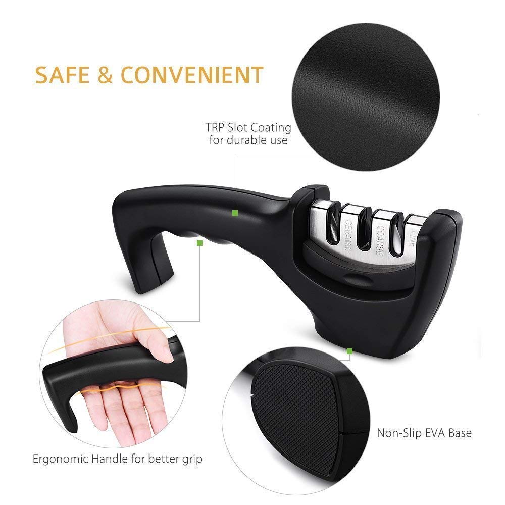 Tradehub® 3阶段厨房刀具磨刀器 - 高级不锈钢刀具磨刀棒，3阶段磨刀工具，黑色，适用于家庭厨房和专业厨师使用