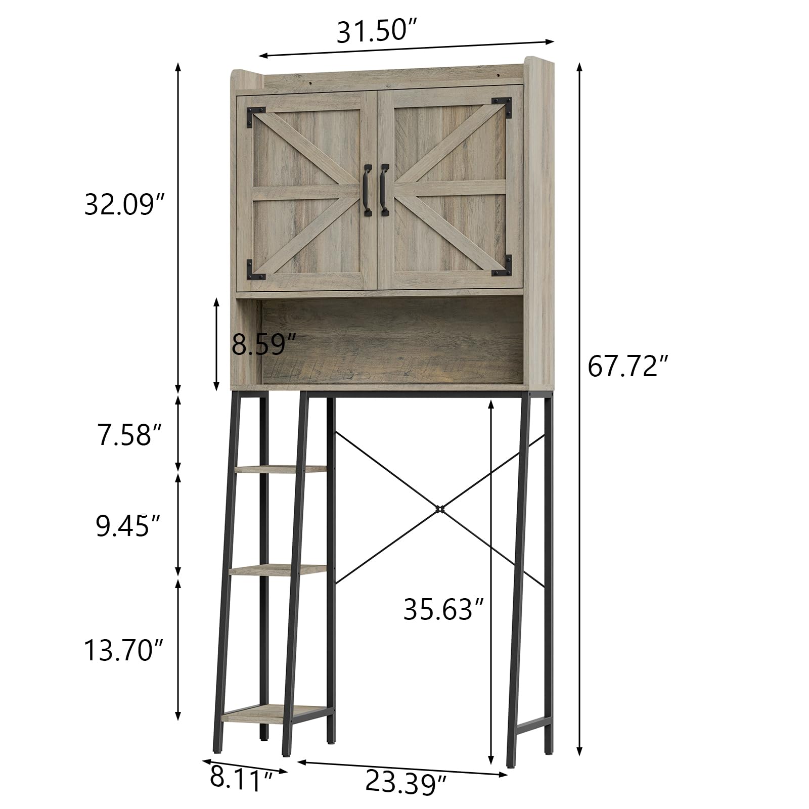 Farmhouse Style Over The Toilet Storage Cabinet with 2 Barn Doors & Toilet Paper Holder - Space Saving Bathroom Organizer for Toiletries, Towels & Essentials - Perfect for Small Bathrooms, Powder Rooms & Restrooms