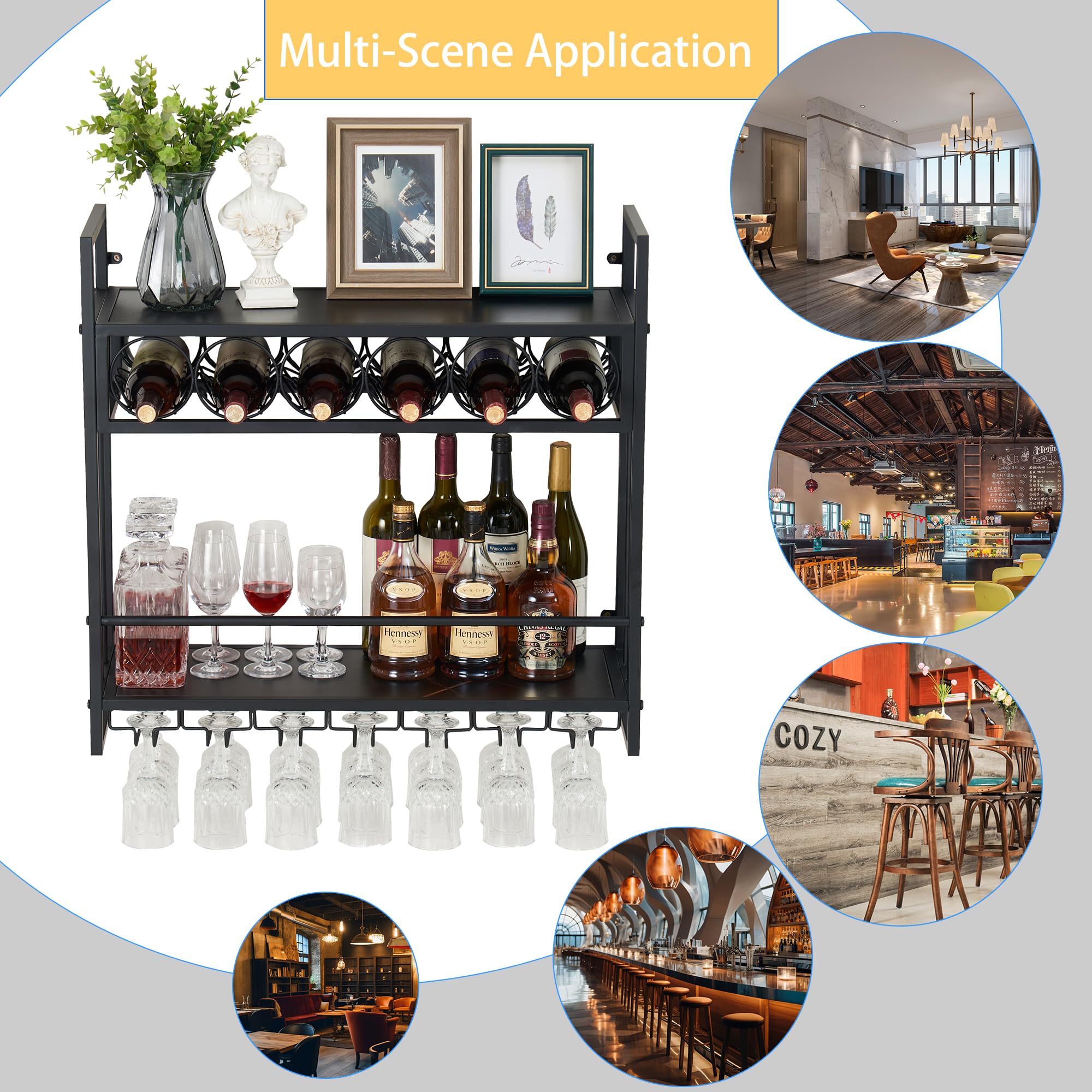 Wall Mounted Wine Rack with Glass Holder - Floating Metal Liquor Shelf for Wine Bottle Storage & Display - Black Bar Decor for Kitchen, Dining Room or Home Bar