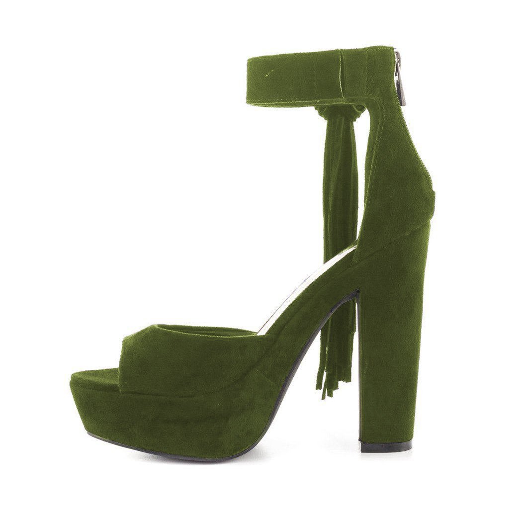 YDN Women's Chunky High Heel Platform Sandals - Open Toe Fringe Tassel Pumps with Ankle Strap & Zipper - Perfect for Party, Dance, Club & Evening Events